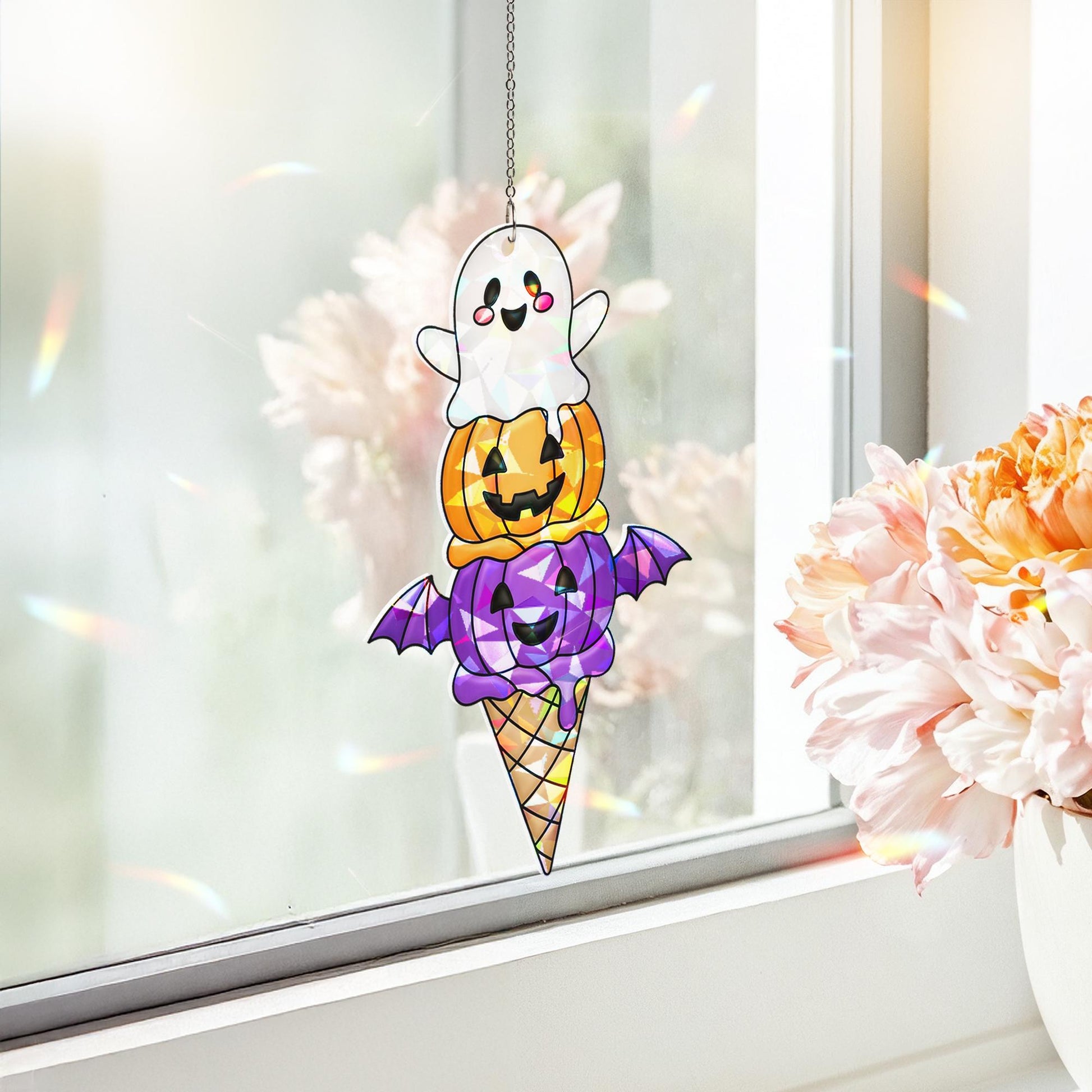 Halloween Ice Cream SunCatcher, Spooky Ghost Pumpkin Bat Window Decor, Stained Glass Style Acrylic Prism Gift