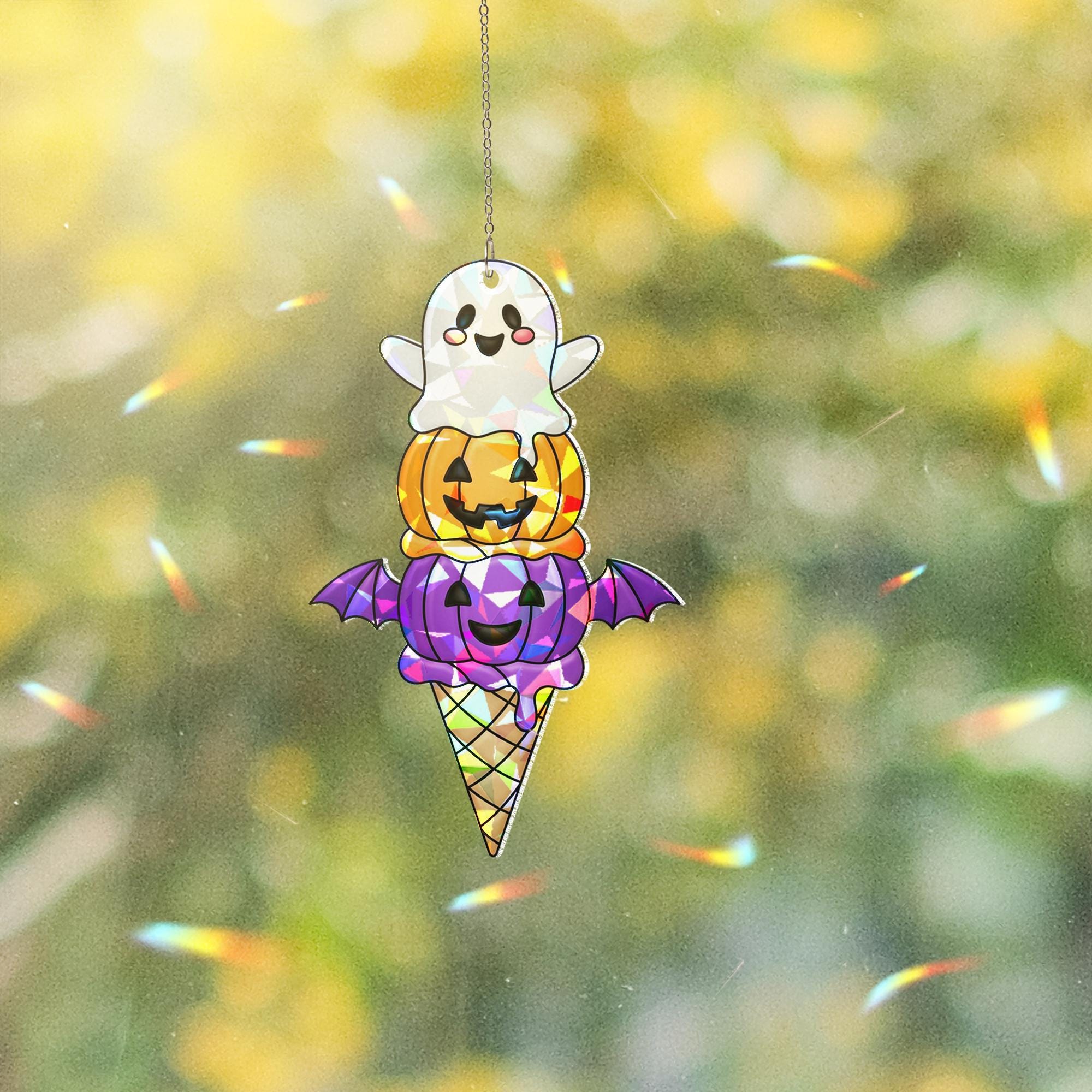Halloween Ice Cream SunCatcher, Spooky Ghost Pumpkin Bat Window Decor, Stained Glass Style Acrylic Prism Gift