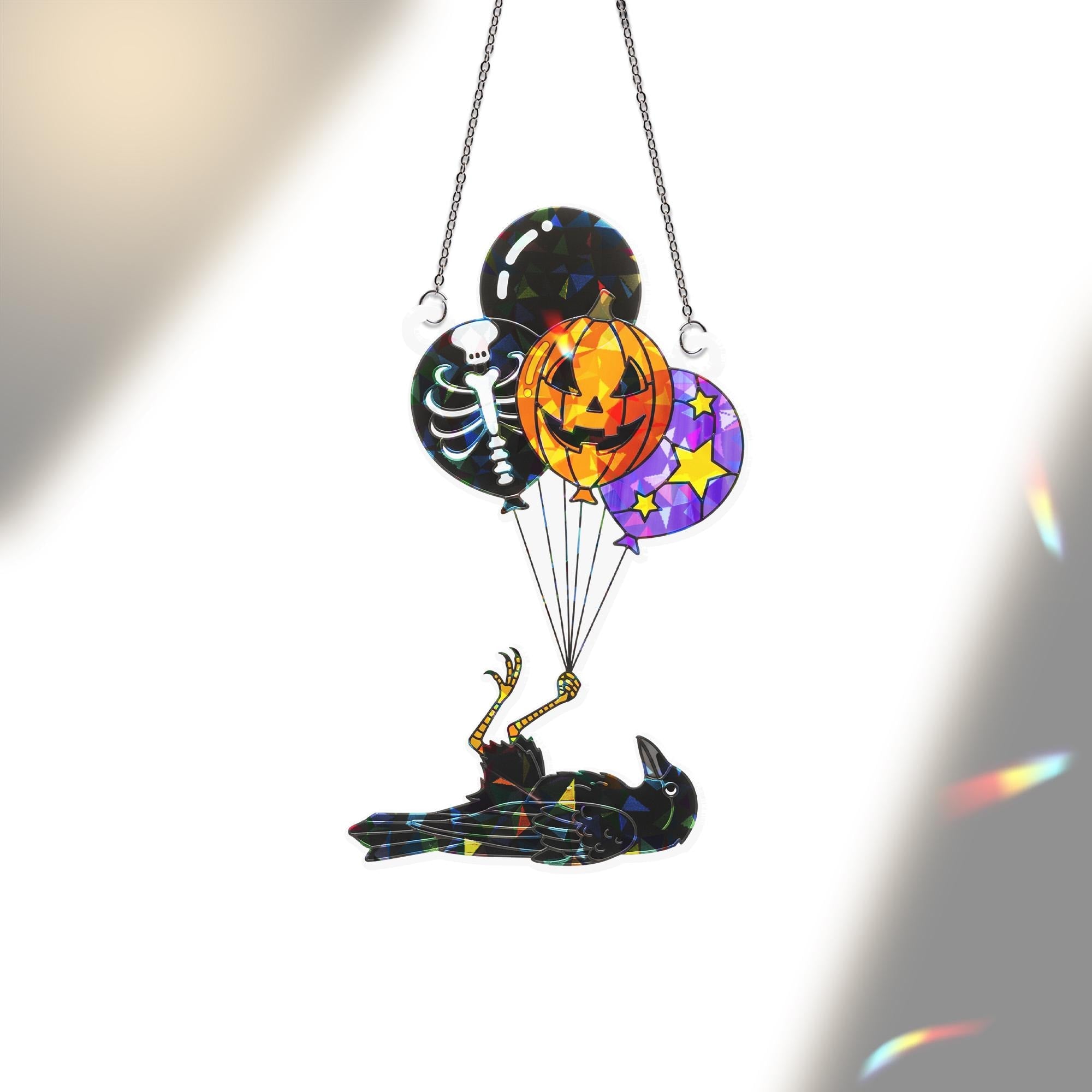 Spooky Crow Balloon Sun Catcher, Halloween Skeleton Pumpkin Window Prism, Gothic Home Decor Gift
