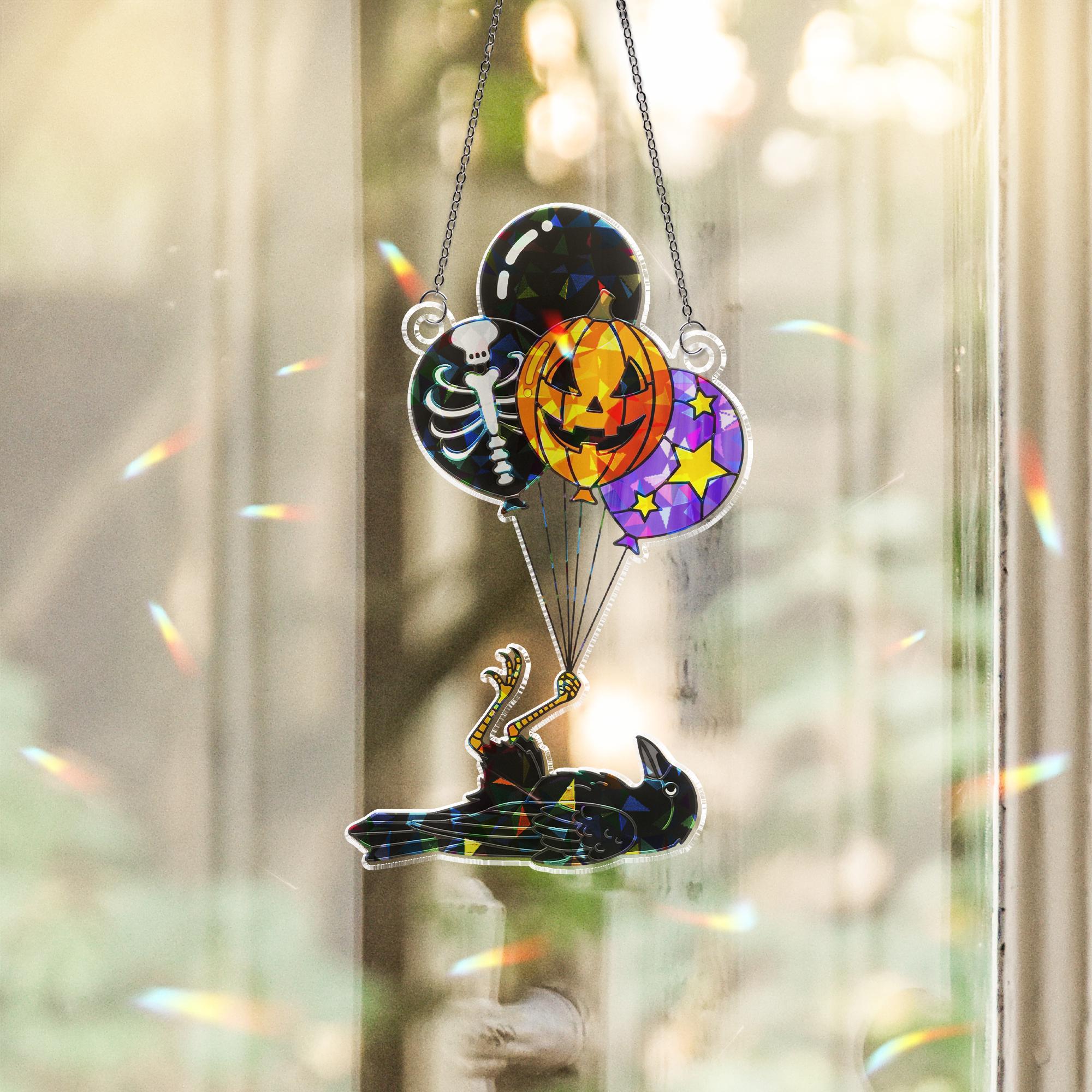 Spooky Crow Balloon Suncatcher, Halloween Skeleton Pumpkin Window Prism, Gothic Home Decor Gift