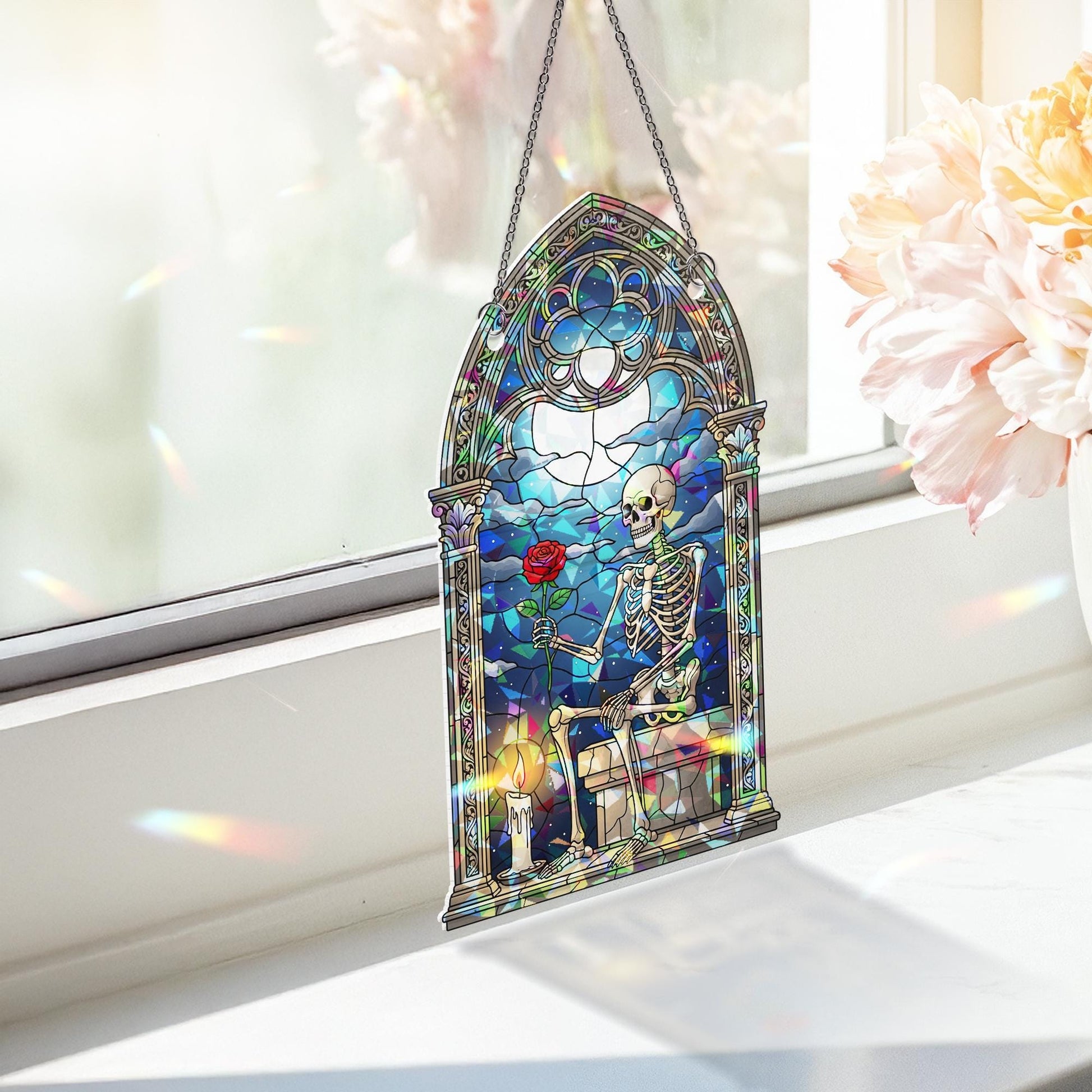 Gothic Skeleton Stained Glass SunCatcher, Rose Moon Window Decor, Romantic Spooky Art Gift