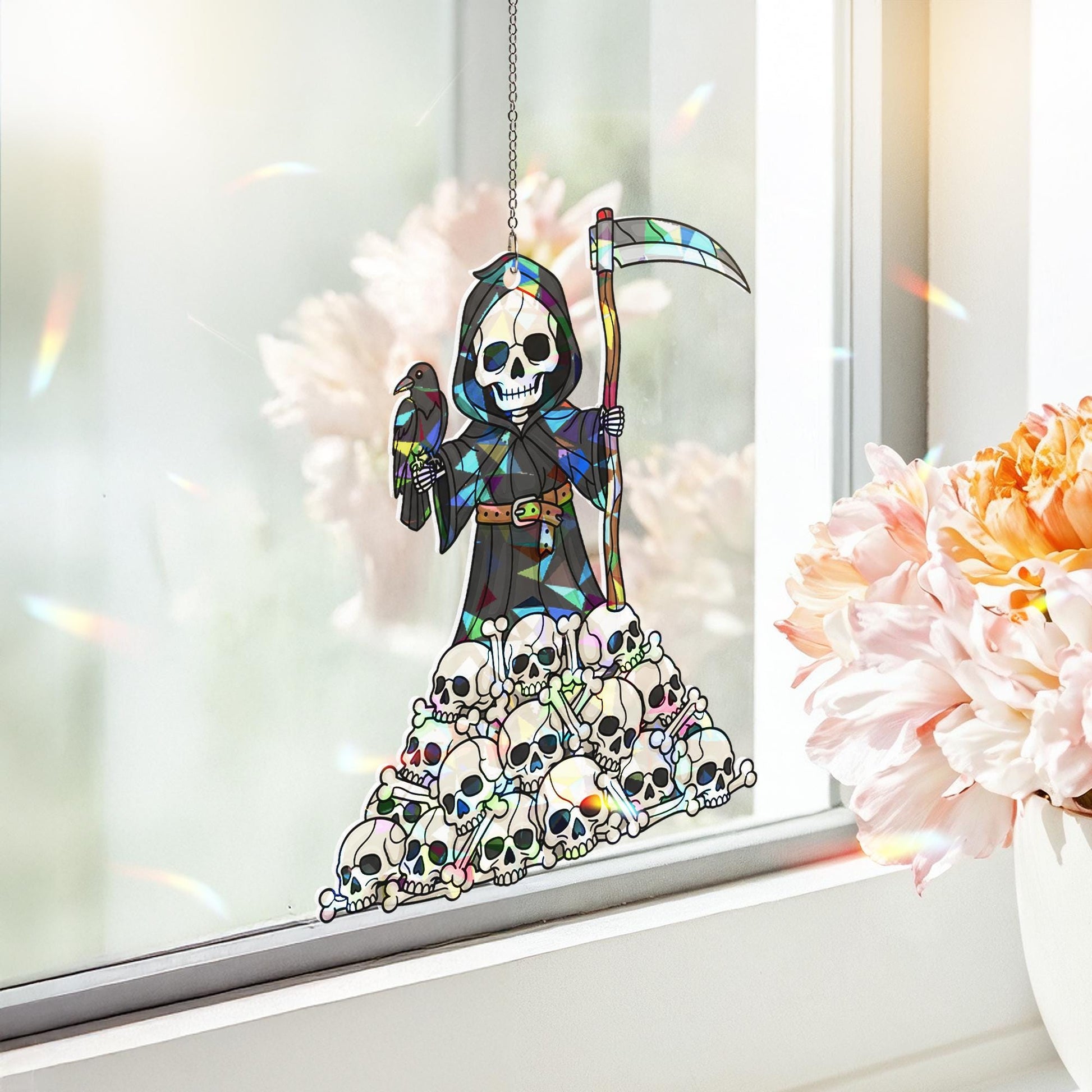 Grim Reaper Skull Pile Sun Catcher, Gothic Macabre Window Prism, Spooky Halloween Decor Gift