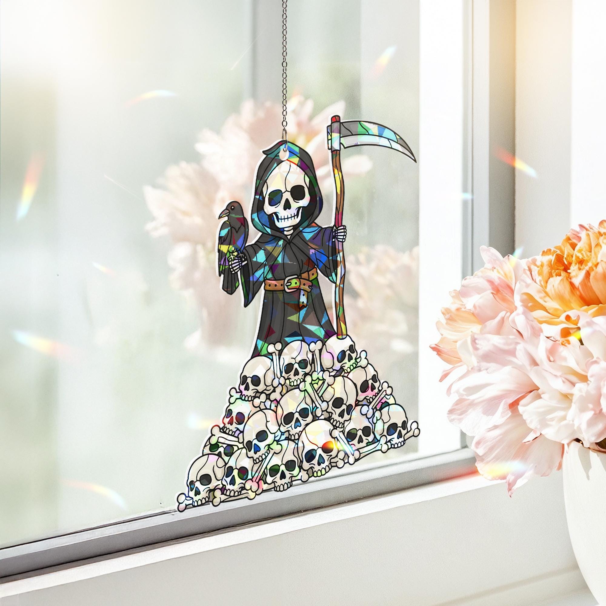 Grim Reaper Skull Pile Sun Catcher, Gothic Macabre Window Prism, Spooky Halloween Decor Gift