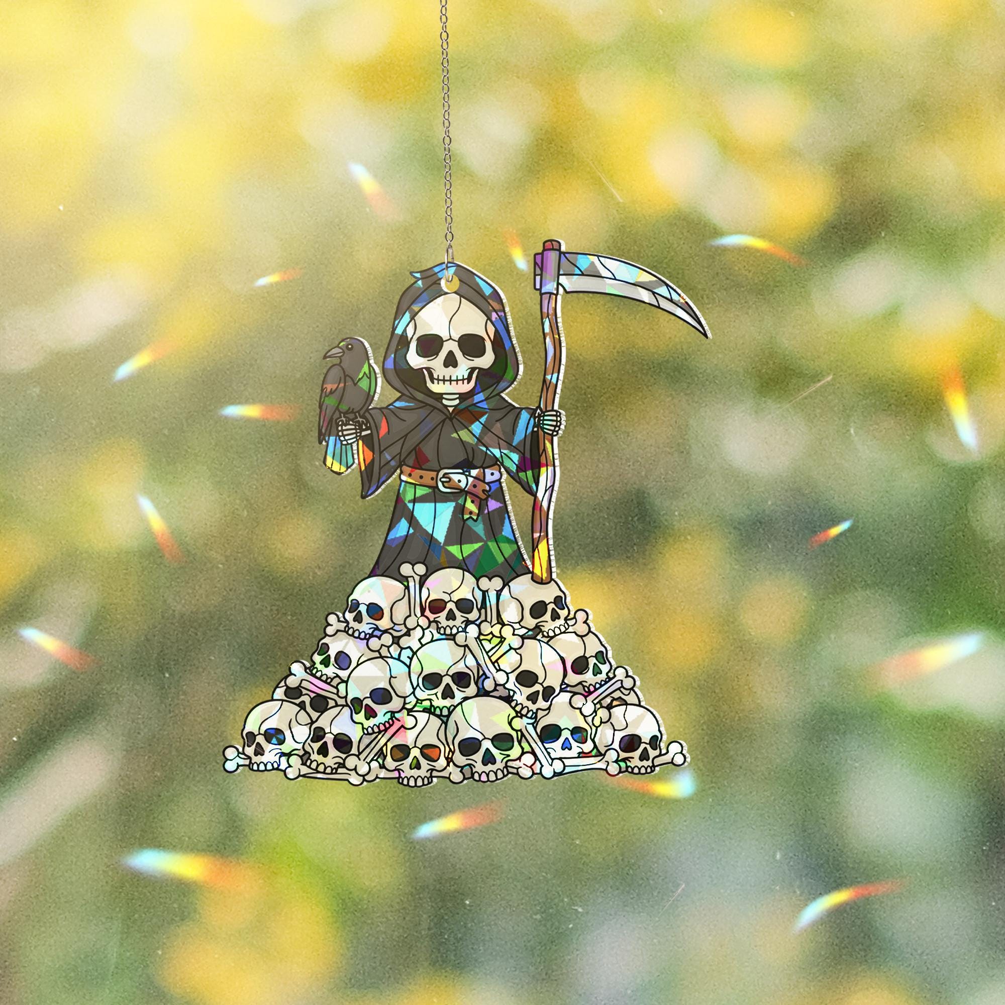 Grim Reaper Skull Pile Suncatcher, Gothic Macabre Window Prism, Spooky Halloween Decor Gift