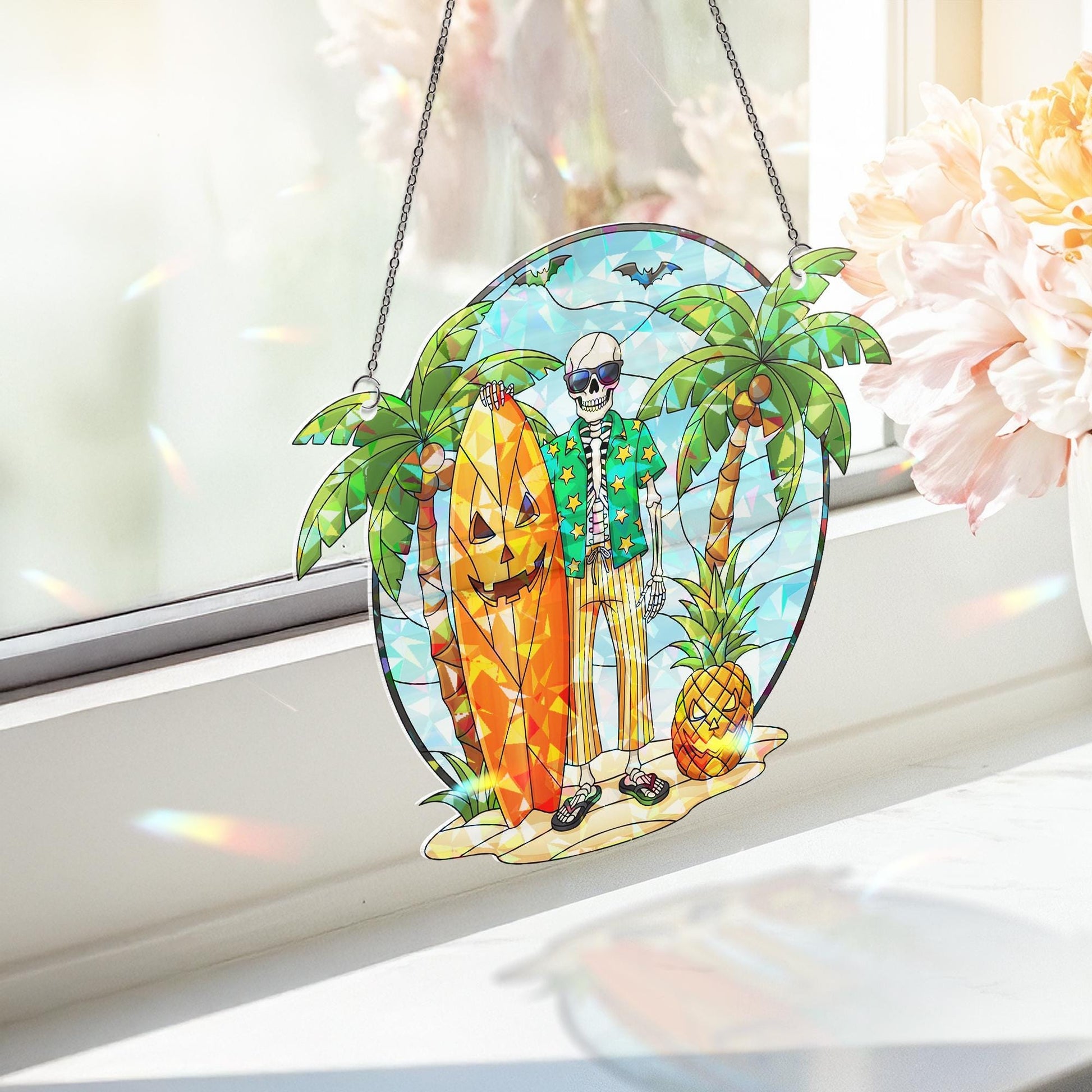 Halloween Surfer Skeleton Sun Catcher, Tropical Spooky Window Prism, Summer Goth Beach Decor Gift