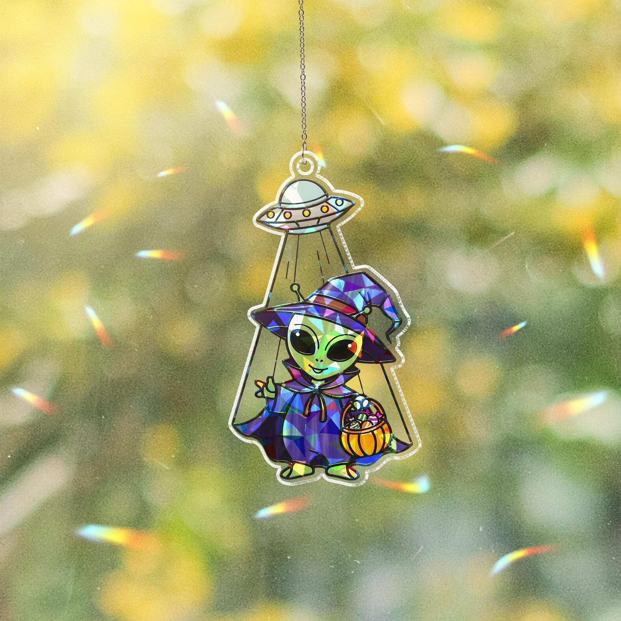 Alien Witch Suncatcher, UFO Halloween Window Prism, Spooky Kawaii Home Decor Gift
