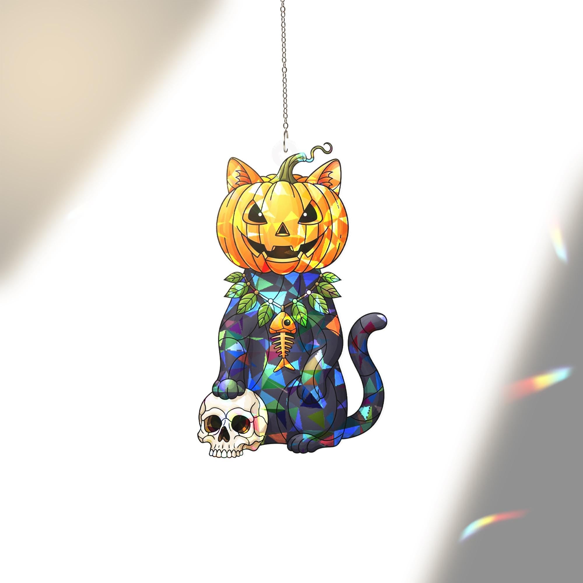 Halloween Pumpkin Cat Sun Catcher, Black Cat Skull Window Decor, Spooky Pet Lover Gift