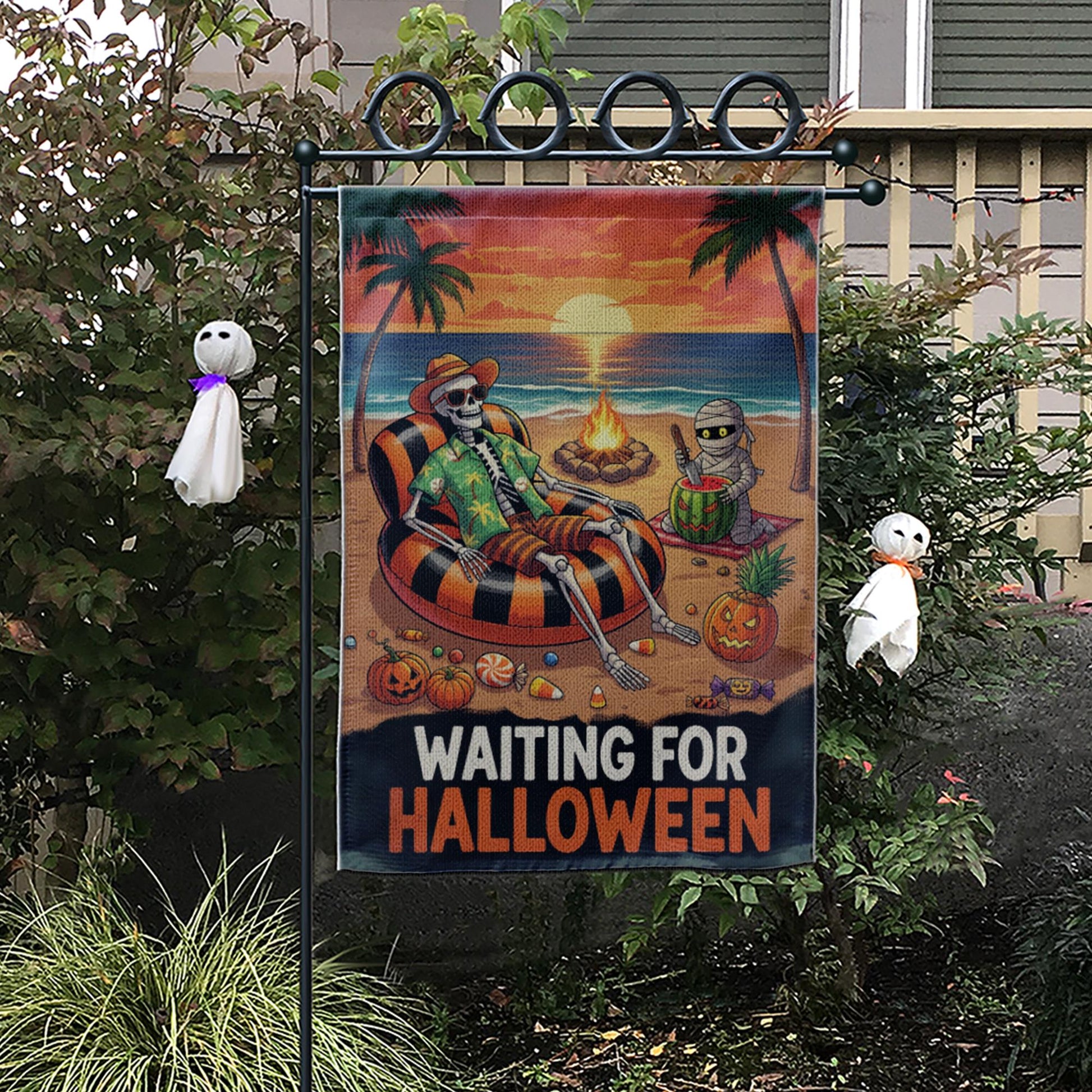 Waiting for Halloween Garden Flag, Spooky Beach Skeleton Yard Decor, Summer Halloween Outdoor Banner