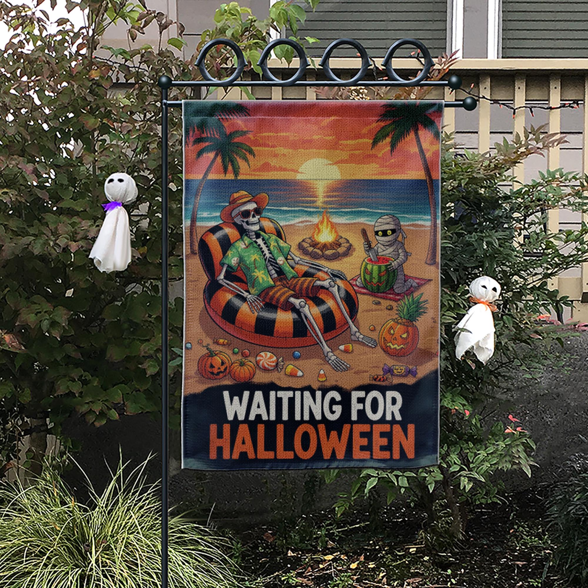 Waiting for Halloween Garden Flag, Spooky Beach Skeleton Yard Decor, Summer Halloween Outdoor Banner