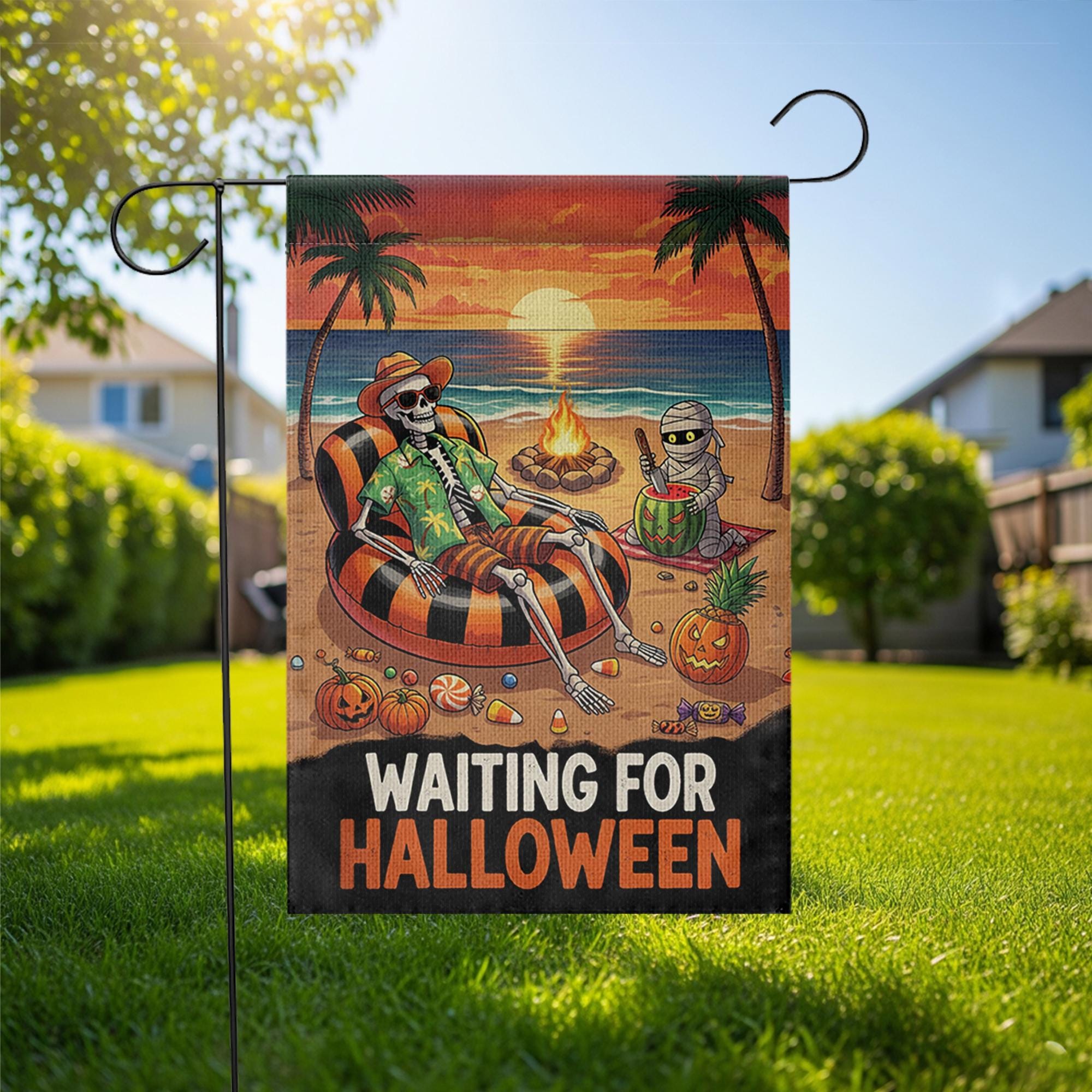 Waiting for Halloween Garden Flag, Spooky Beach Skeleton Yard Decor, Summer Halloween Outdoor Banner