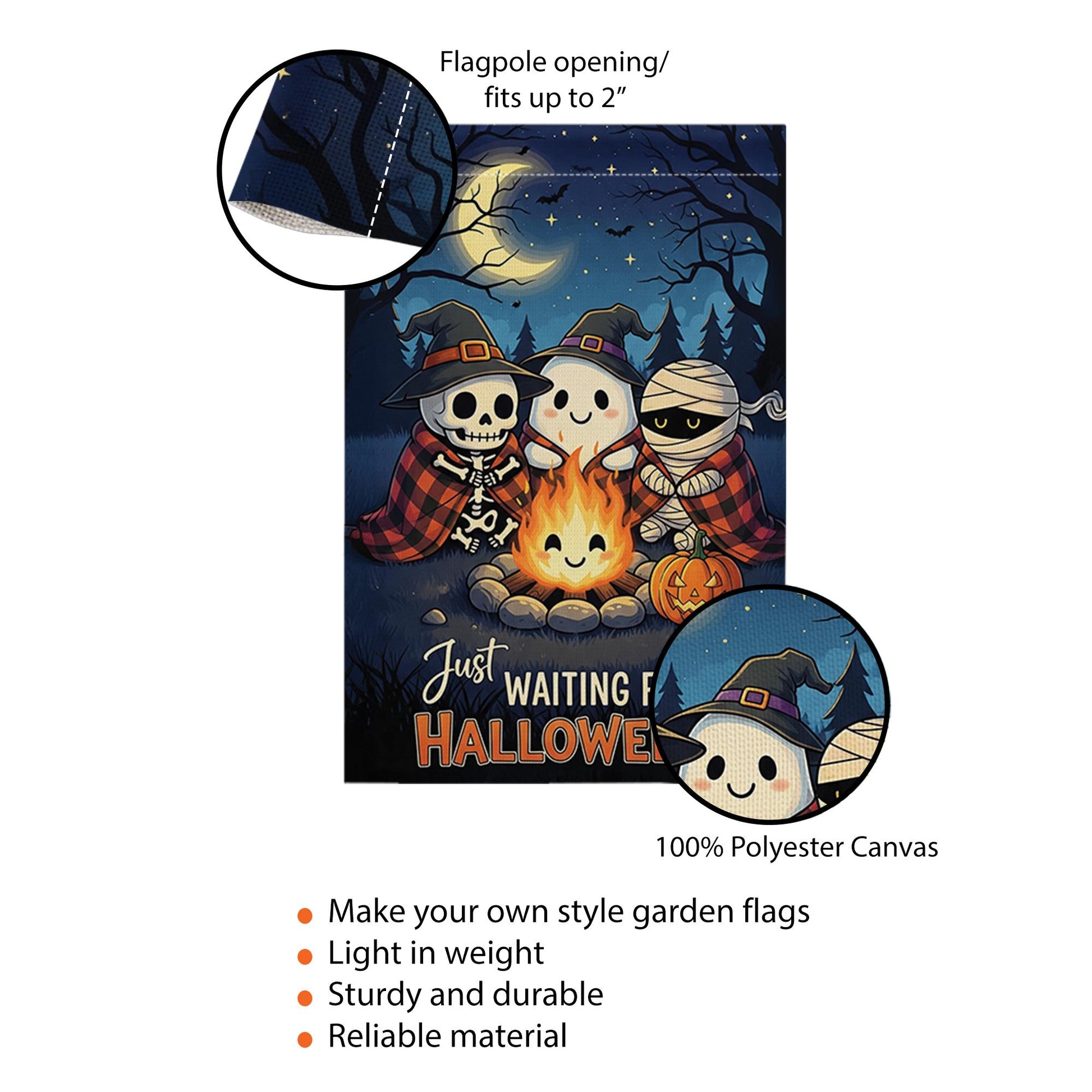 Cute Halloween Garden Flag, Spooky Friends Campfire Yard Decor, Just Waiting for Halloween Banner