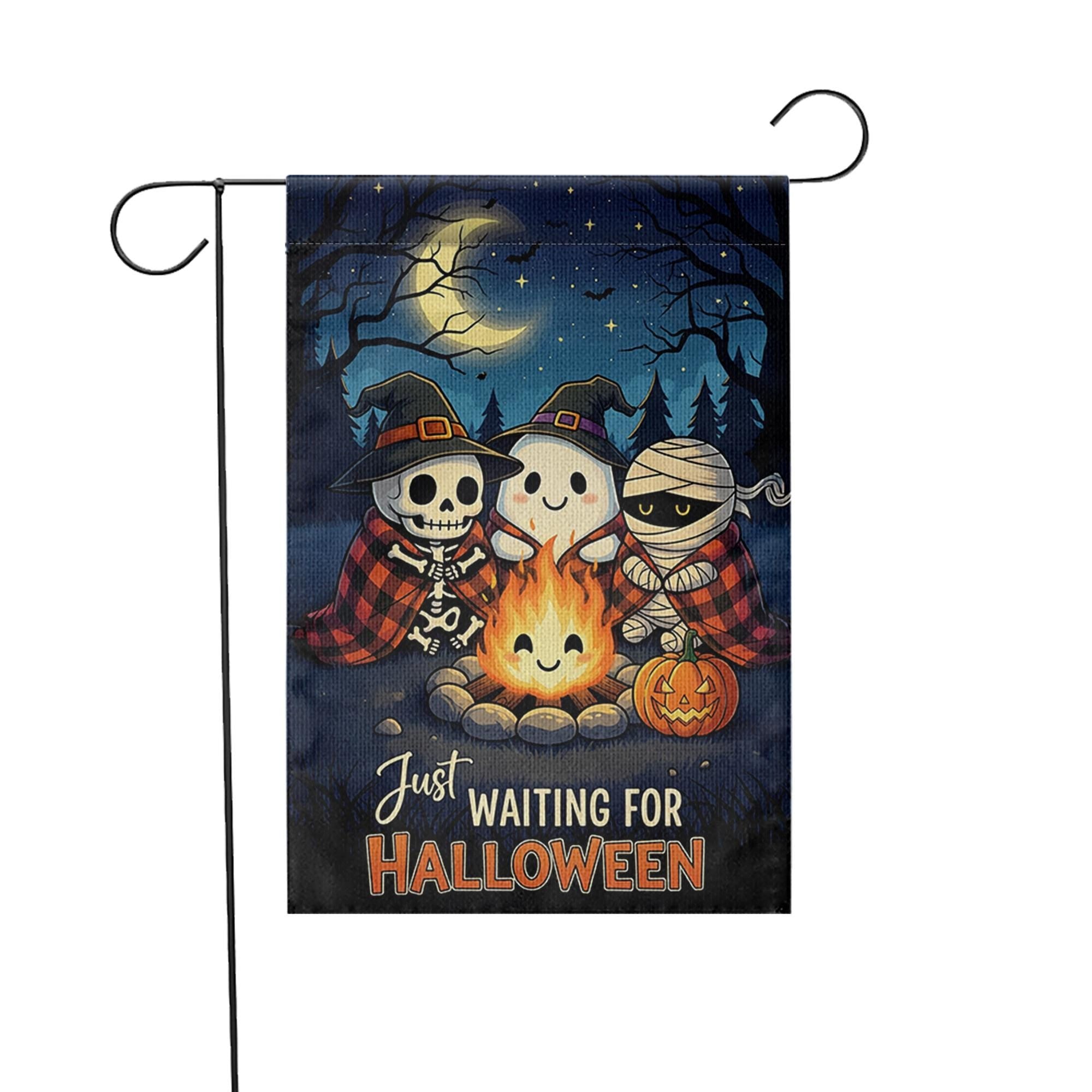 Cute Halloween Garden Flag, Spooky Friends Campfire Yard Decor, Just Waiting for Halloween Banner