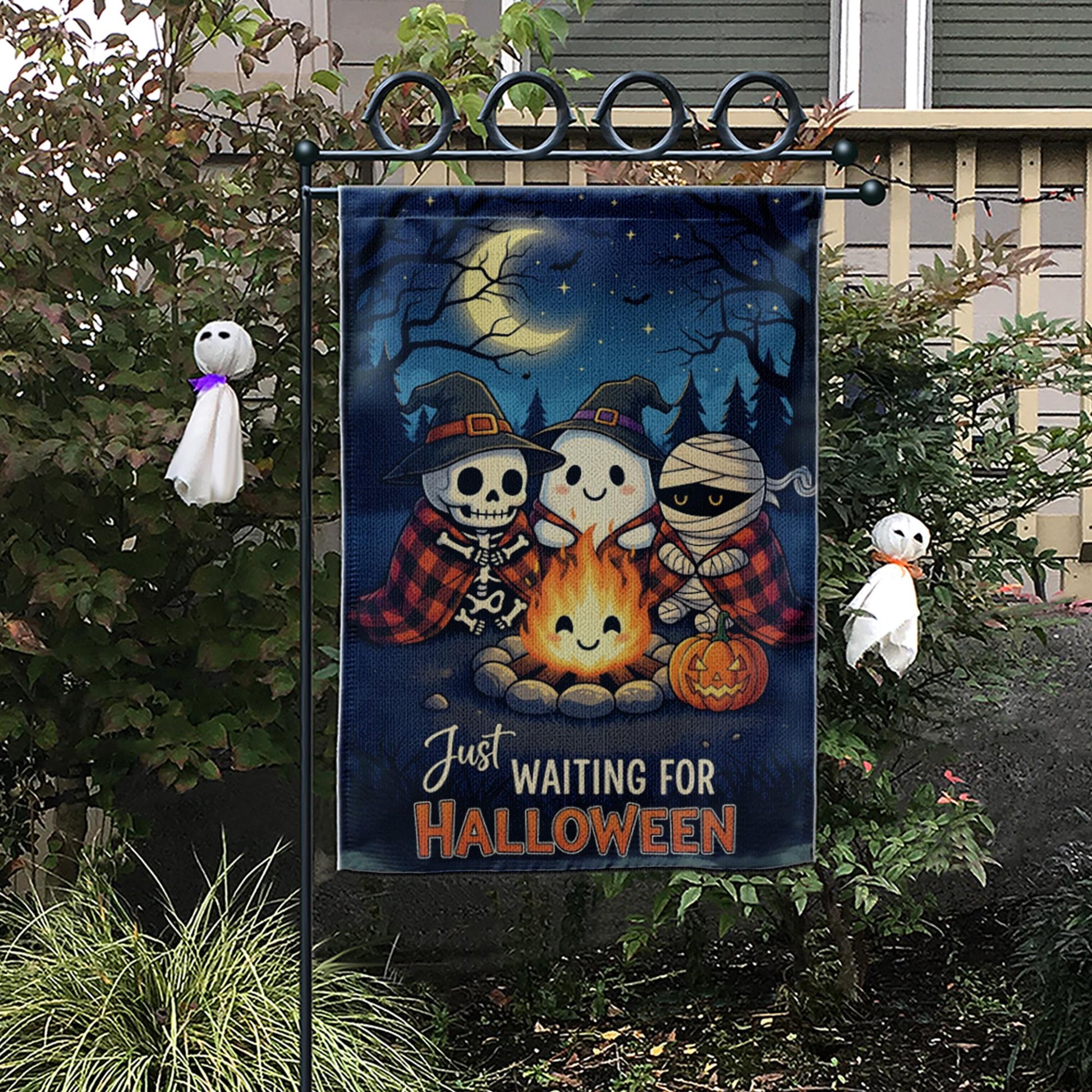 Cute Halloween Garden Flag, Spooky Friends Campfire Yard Decor, Just Waiting for Halloween Banner