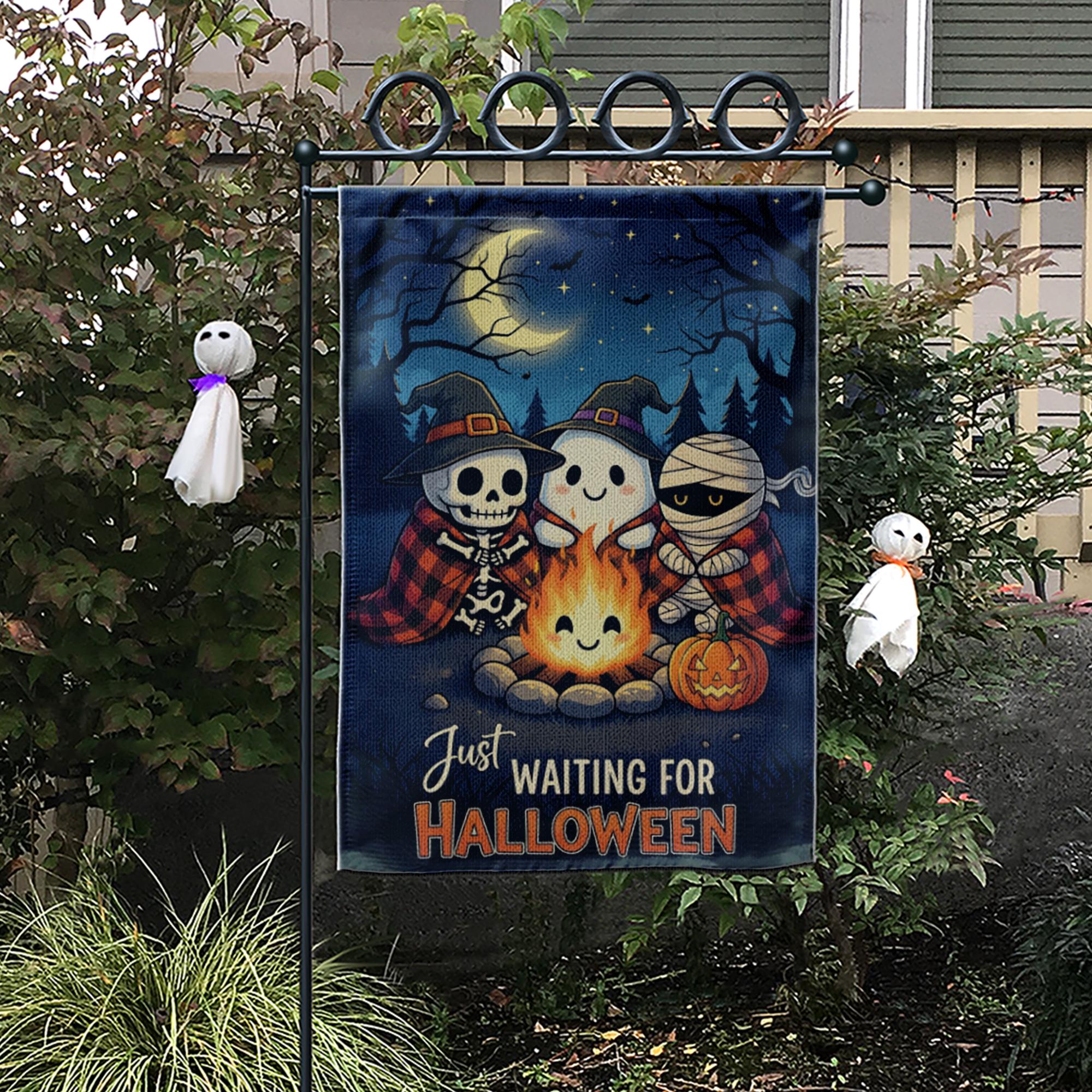 Cute Halloween Garden Flag, Spooky Friends Campfire Yard Decor, Just Waiting for Halloween Banner
