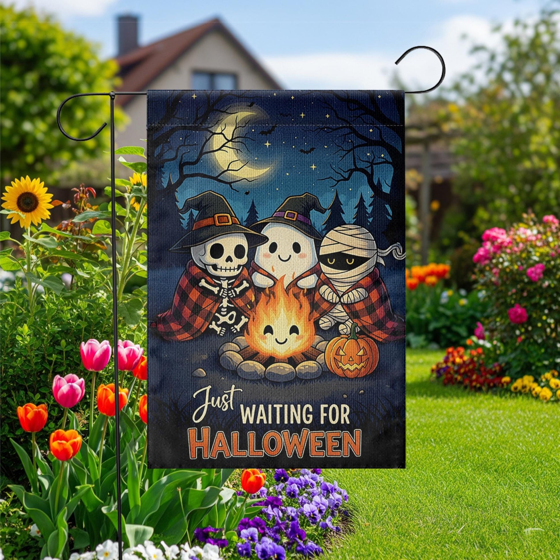 Cute Halloween Garden Flag, Spooky Friends Campfire Yard Decor, Just Waiting for Halloween Banner