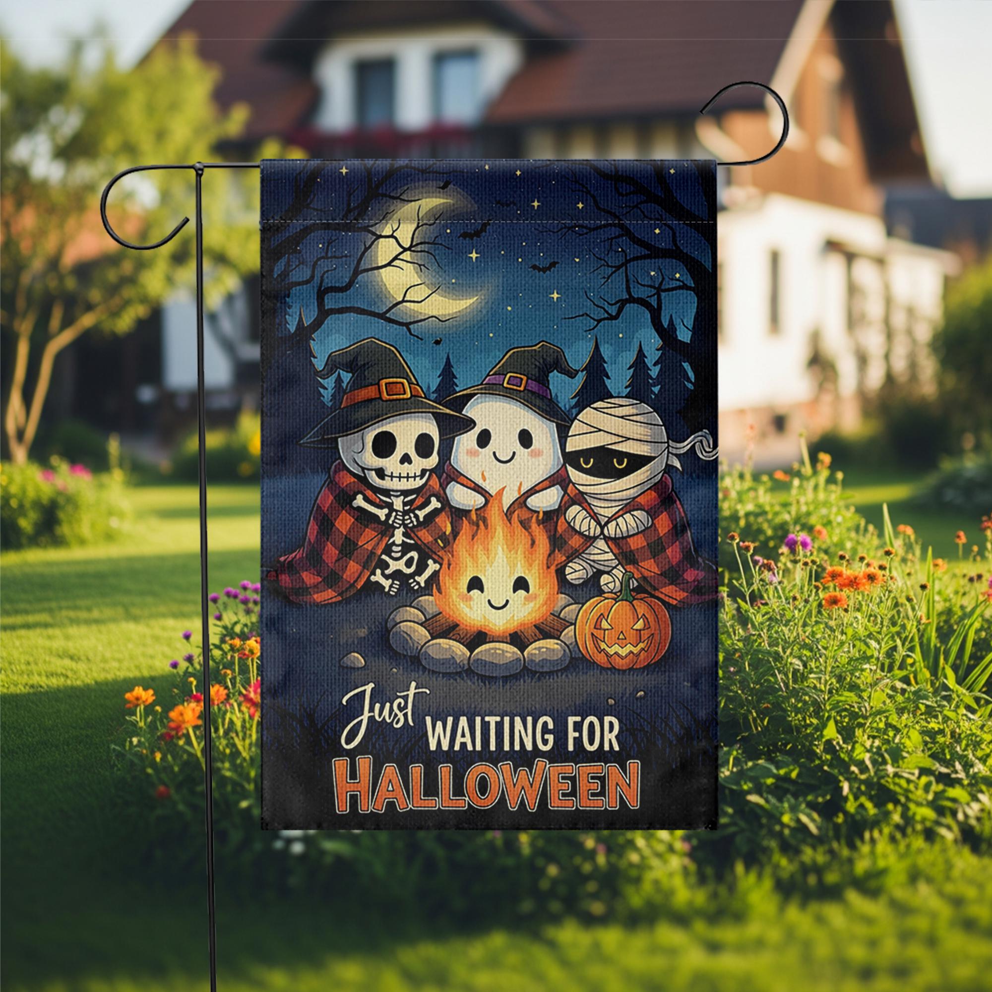 Cute Halloween Garden Flag, Spooky Friends Campfire Yard Decor, Just Waiting for Halloween Banner