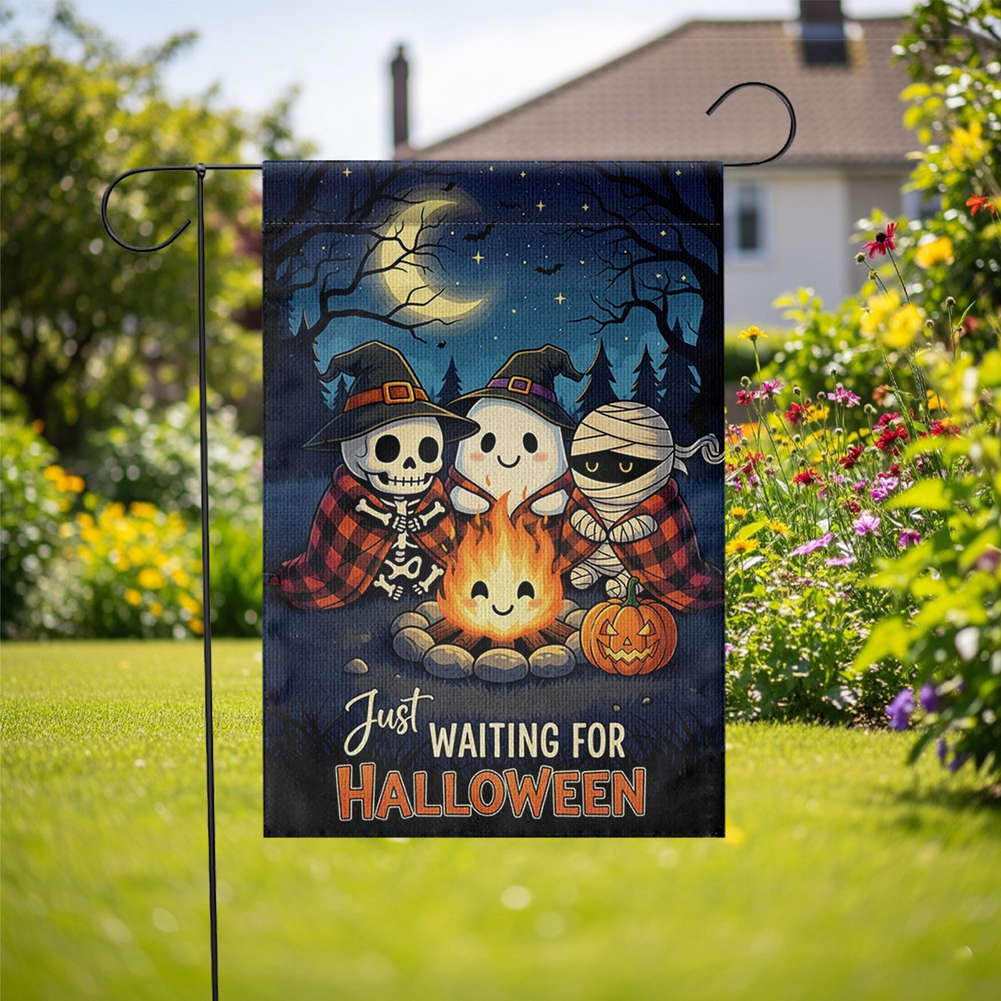 Cute Halloween Garden Flag, Spooky Friends Campfire Yard Decor, Just Waiting for Halloween Banner