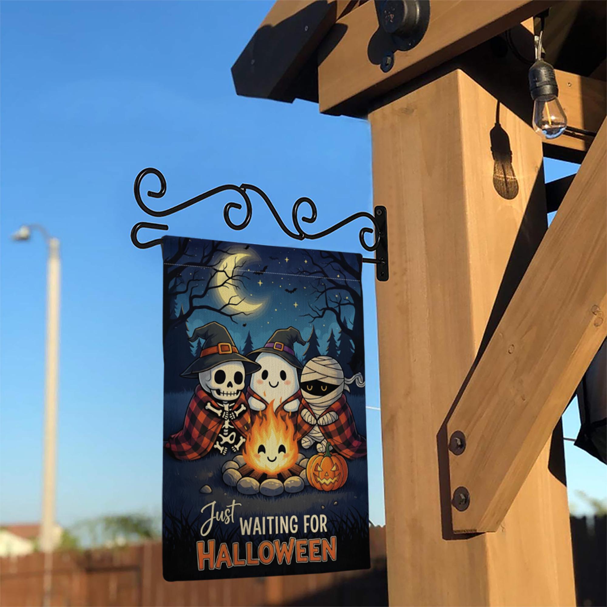 Cute Halloween Garden Flag, Spooky Friends Campfire Yard Decor, Just Waiting for Halloween Banner
