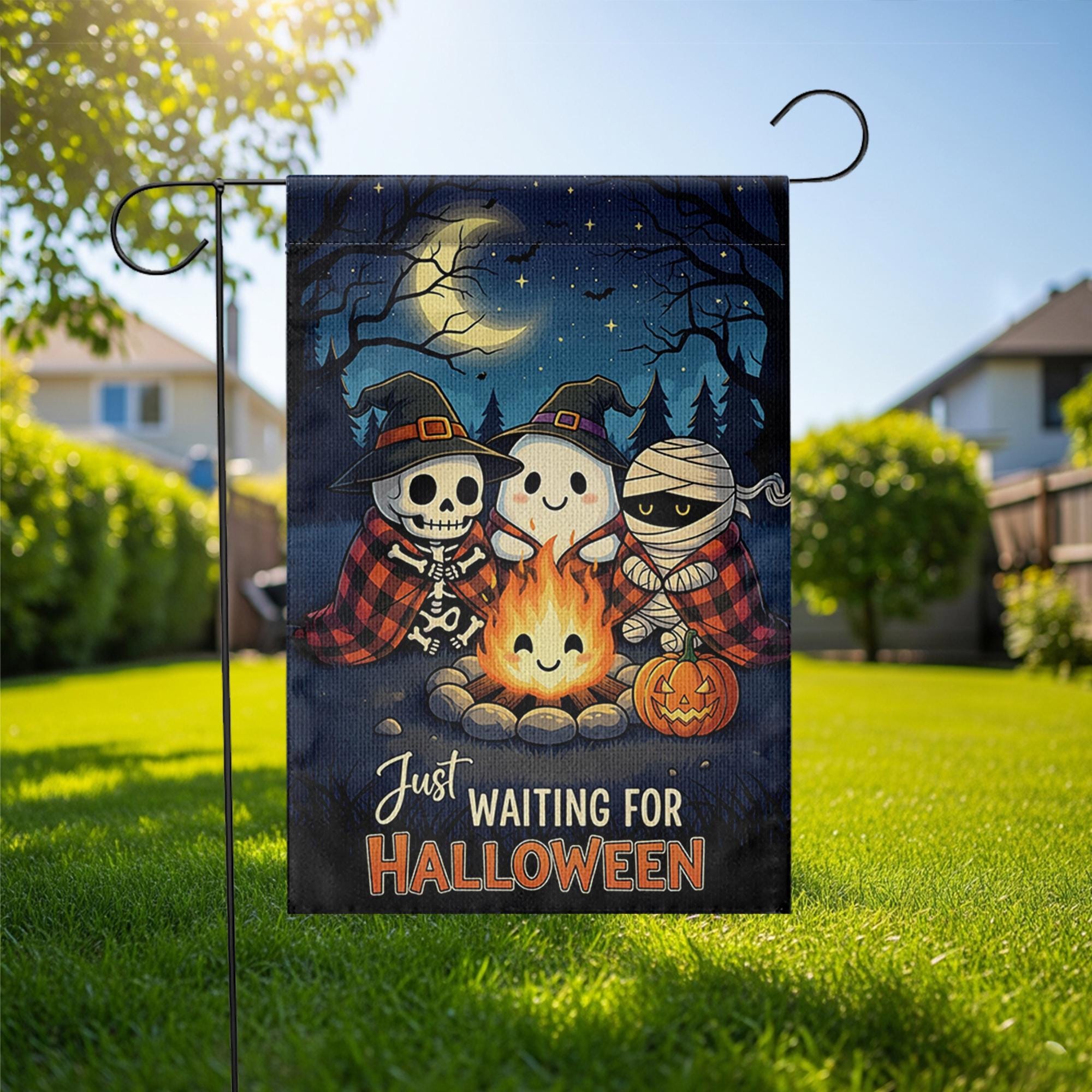 Cute Halloween Garden Flag, Spooky Friends Campfire Yard Decor, Just Waiting for Halloween Banner