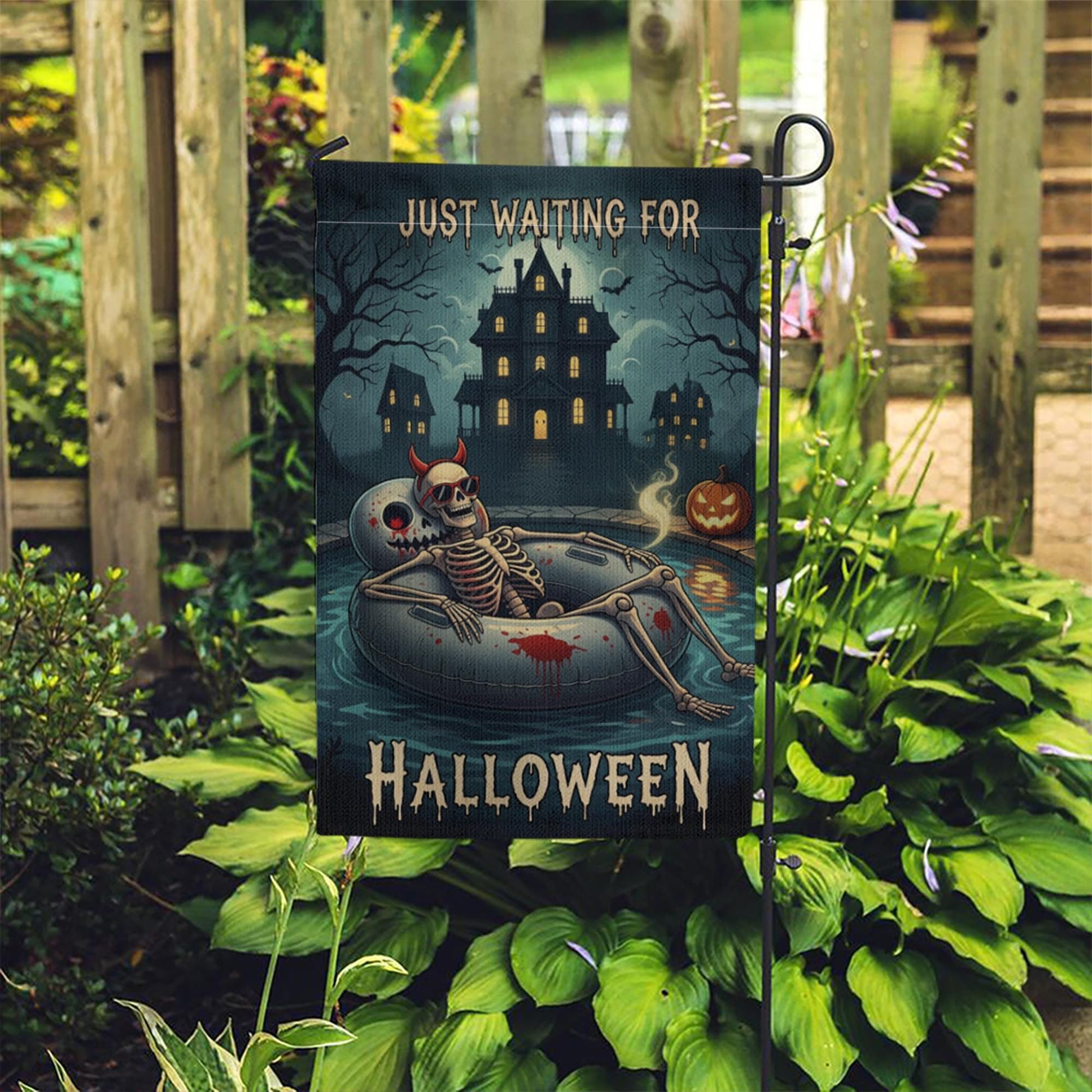 Spooky Pool Skeleton Garden Flag, Haunted House Halloween Yard Decor, Just Waiting for Halloween