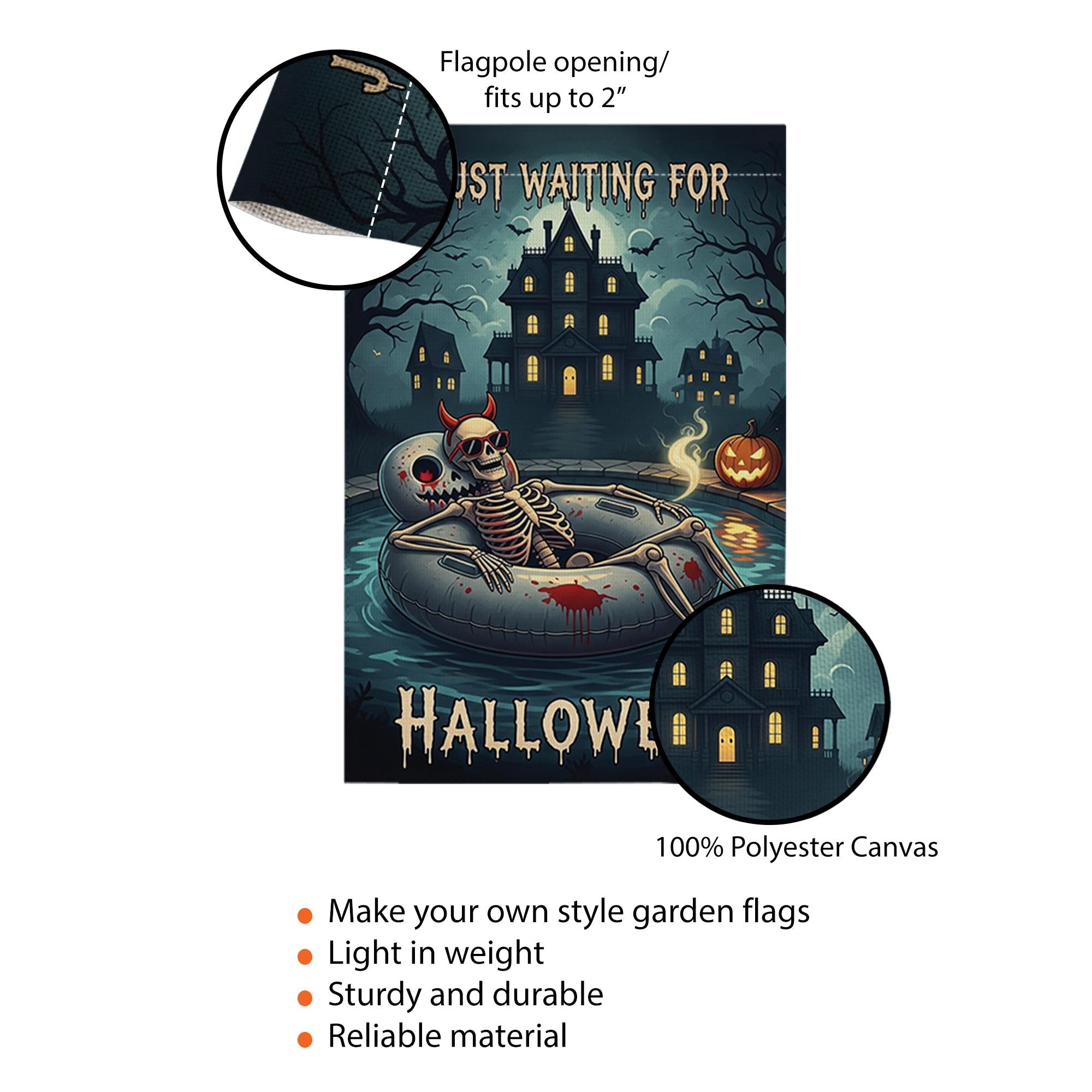 Spooky Pool Skeleton Garden Flag, Haunted House Halloween Yard Decor, Just Waiting for Halloween