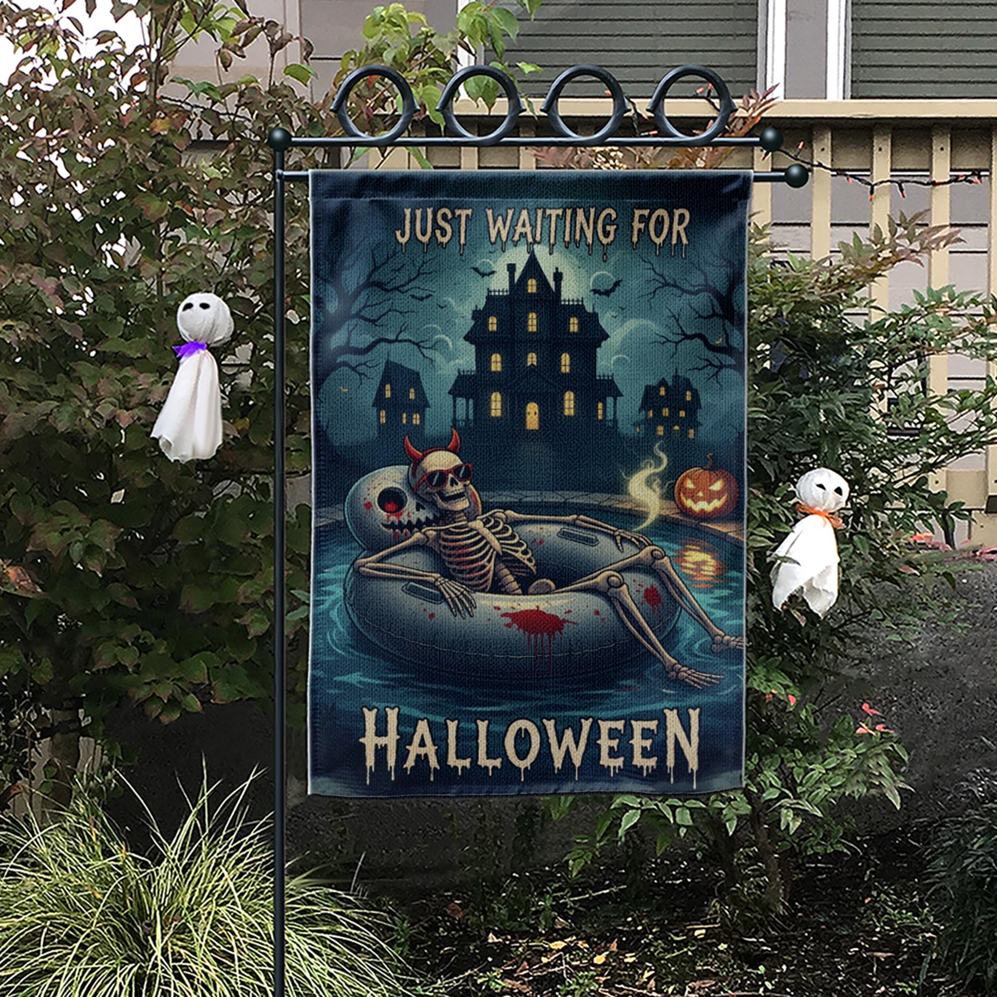 Spooky Pool Skeleton Garden Flag, Haunted House Halloween Yard Decor, Just Waiting for Halloween