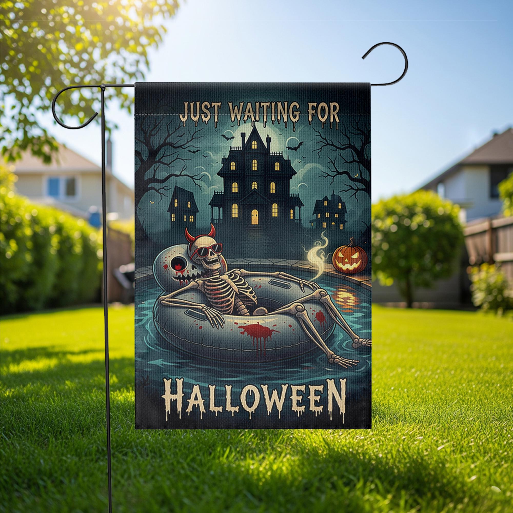 Spooky Pool Skeleton Garden Flag, Haunted House Halloween Yard Decor, Just Waiting for Halloween