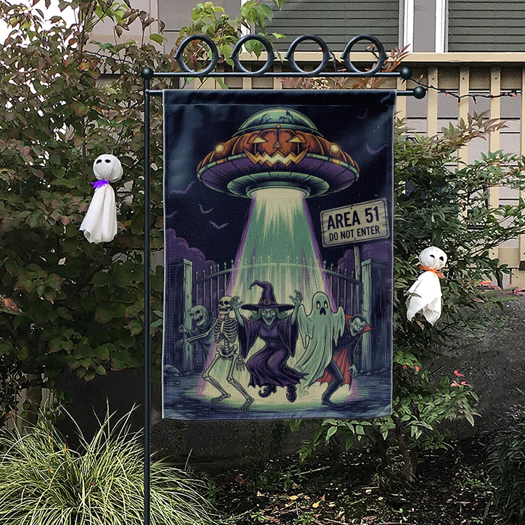 Area 51 Halloween Garden Flag, Alien UFO Spooky Yard Decor, Skeleton Ghost Vampire Banner