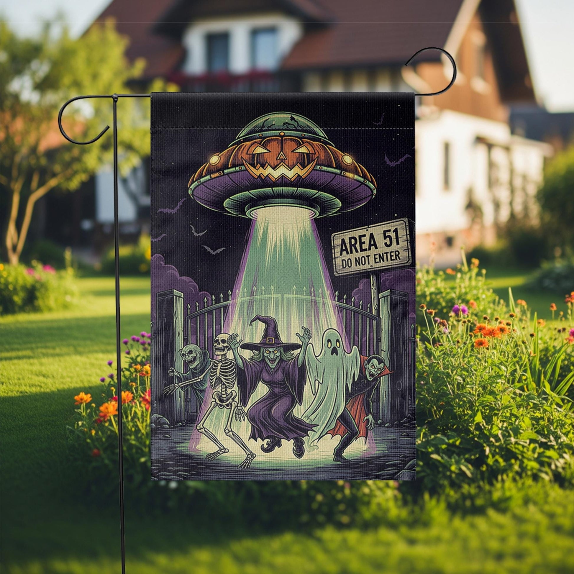 Area 51 Halloween Garden Flag, Alien UFO Spooky Yard Decor, Skeleton Ghost Vampire Banner