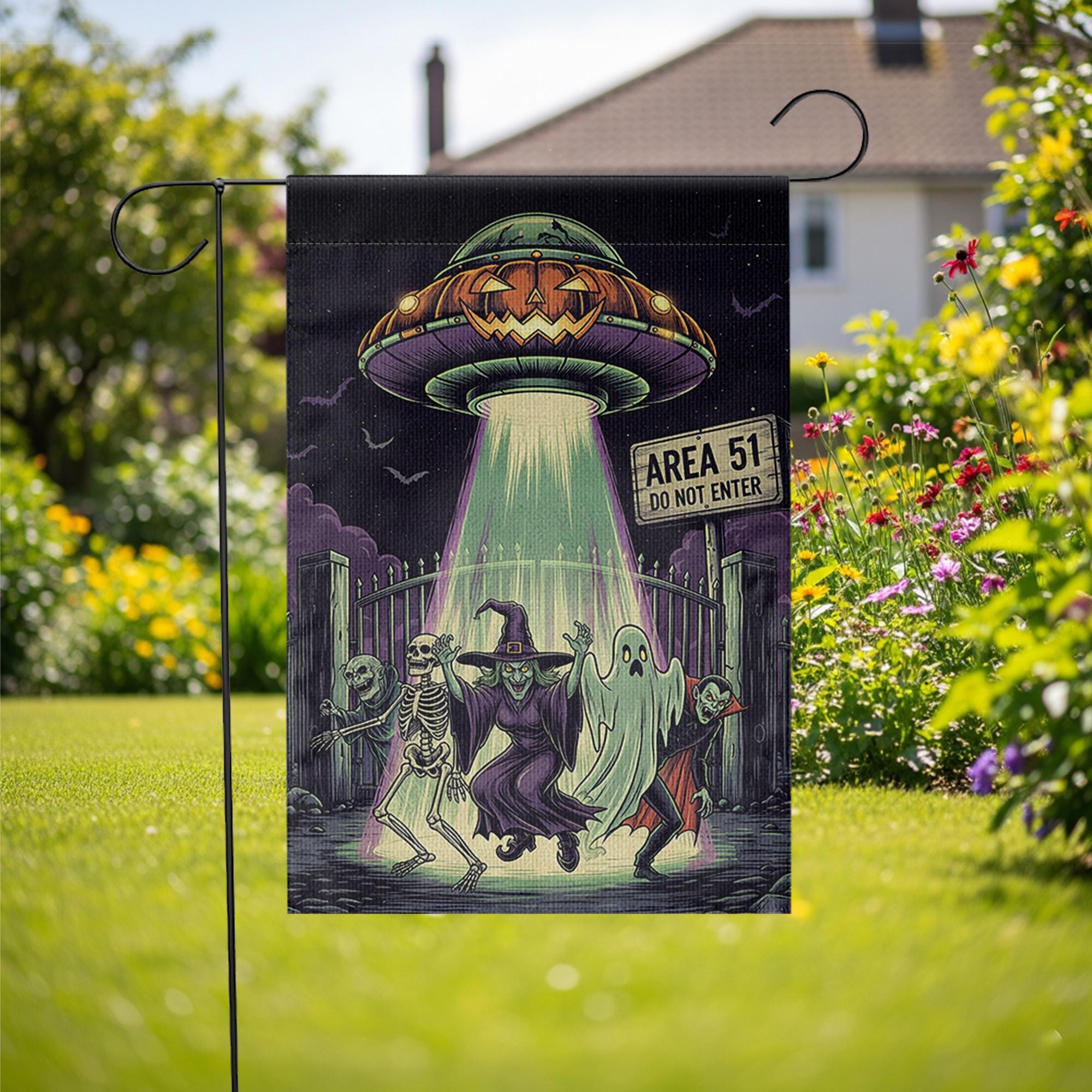 Area 51 Halloween Garden Flag, Alien UFO Spooky Yard Decor, Skeleton Ghost Vampire Banner