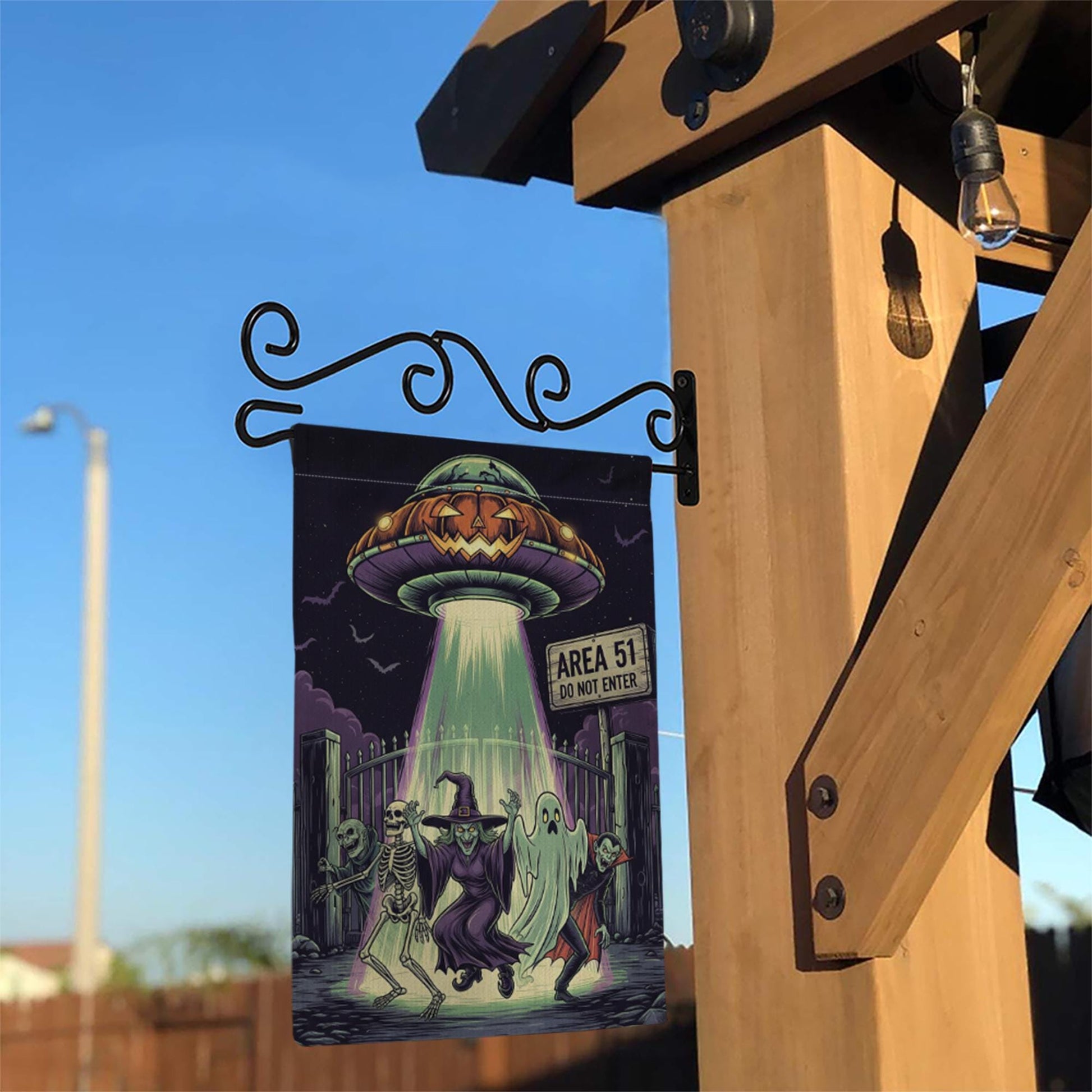 Area 51 Halloween Garden Flag, Alien UFO Spooky Yard Decor, Skeleton Ghost Vampire Banner