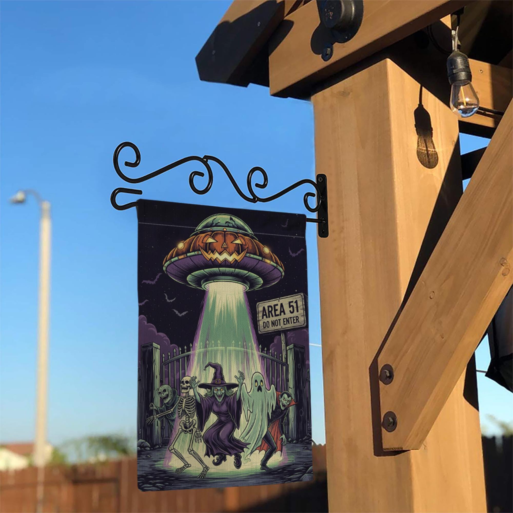 Area 51 Halloween Garden Flag, Alien UFO Spooky Yard Decor, Skeleton Ghost Vampire Banner