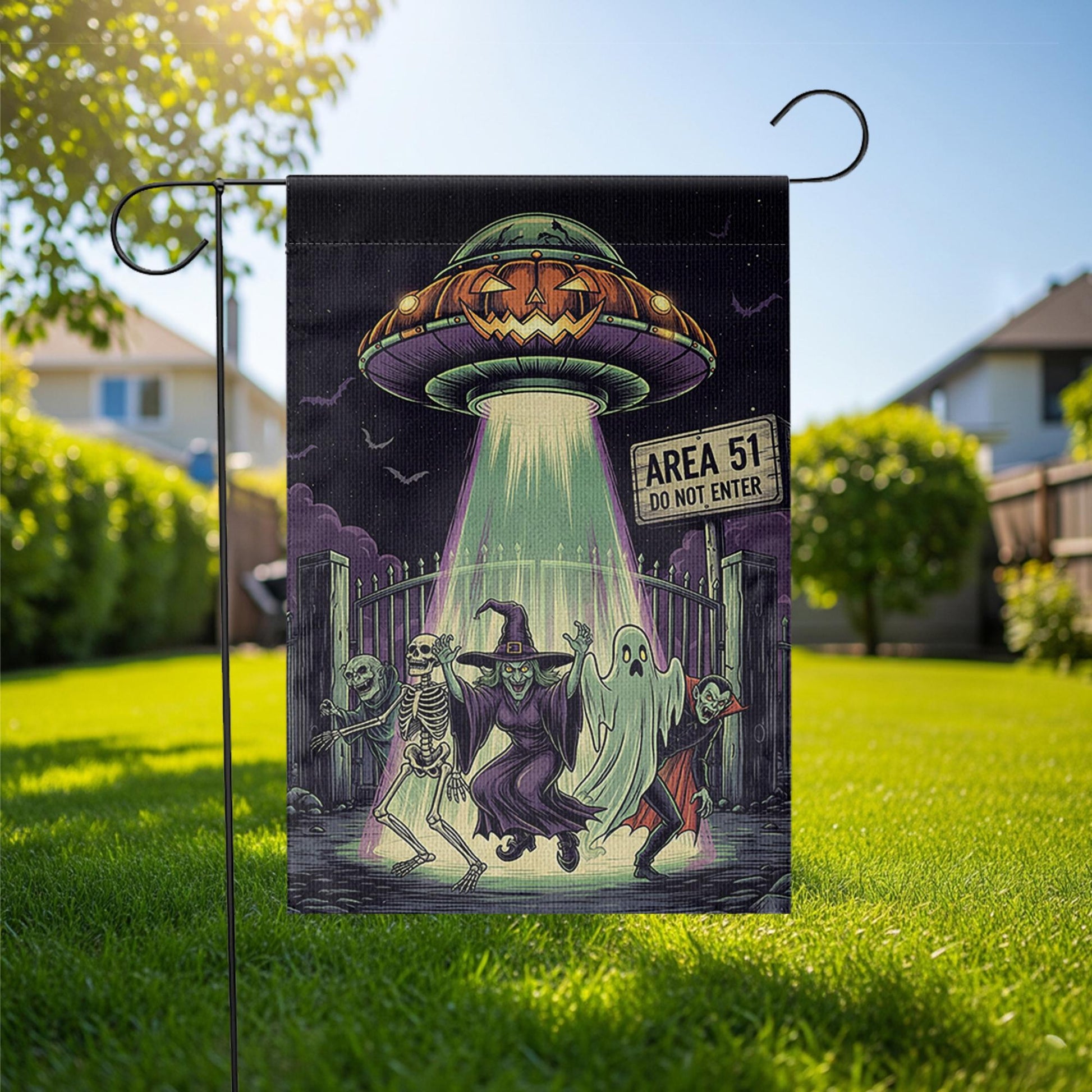 Area 51 Halloween Garden Flag, Alien UFO Spooky Yard Decor, Skeleton Ghost Vampire Banner