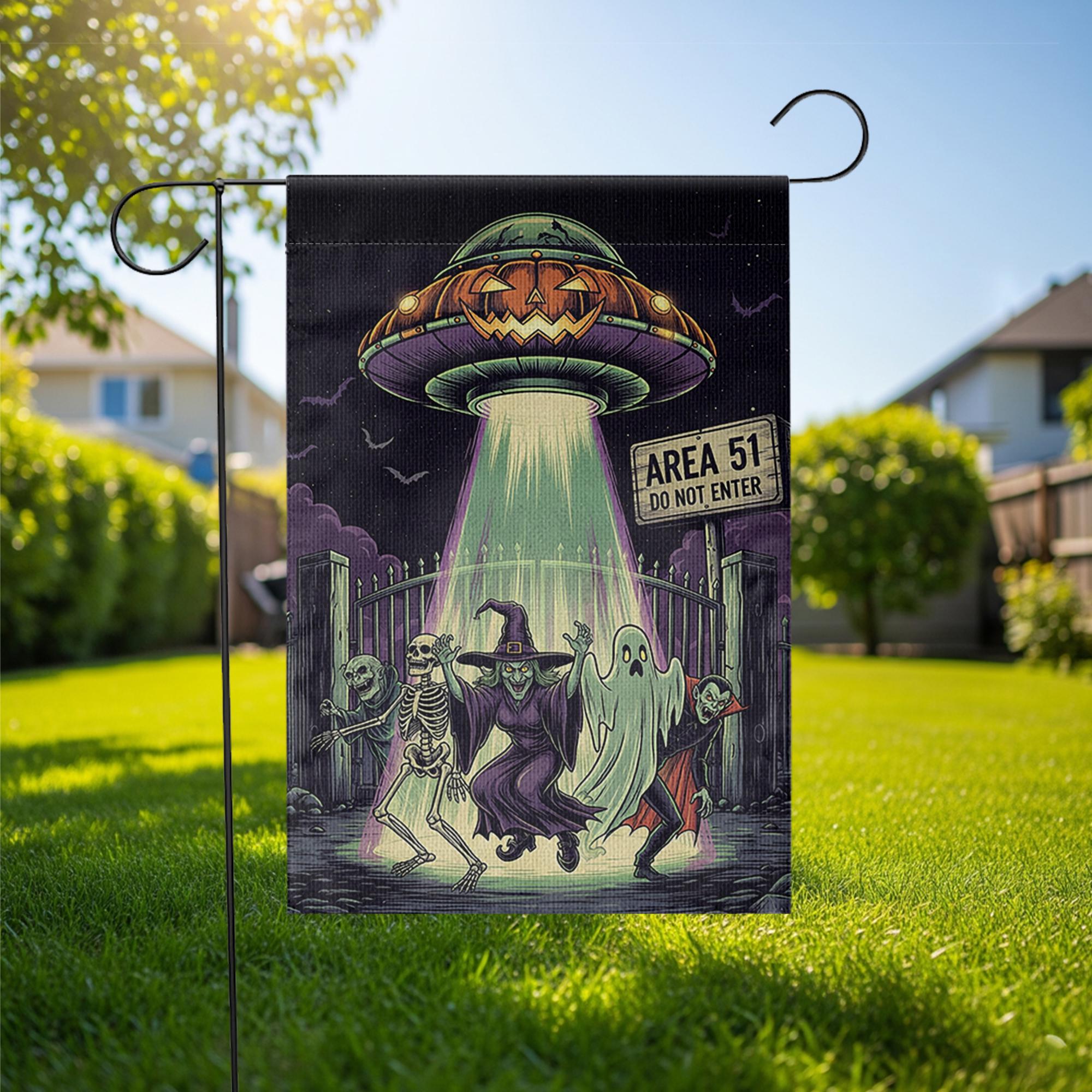 Area 51 Halloween Garden Flag, Alien UFO Spooky Yard Decor, Skeleton Ghost Vampire Banner