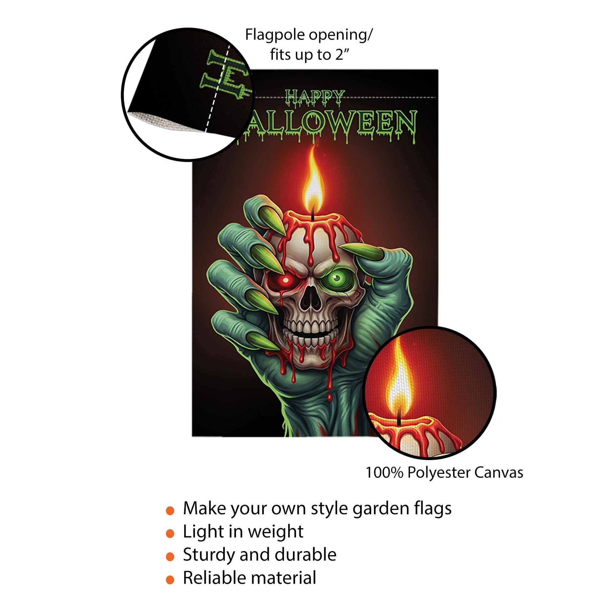 Spooky Skull Candle Garden Flag, Happy Halloween Zombie Hand Yard Decor, Gothic Outdoor Banner