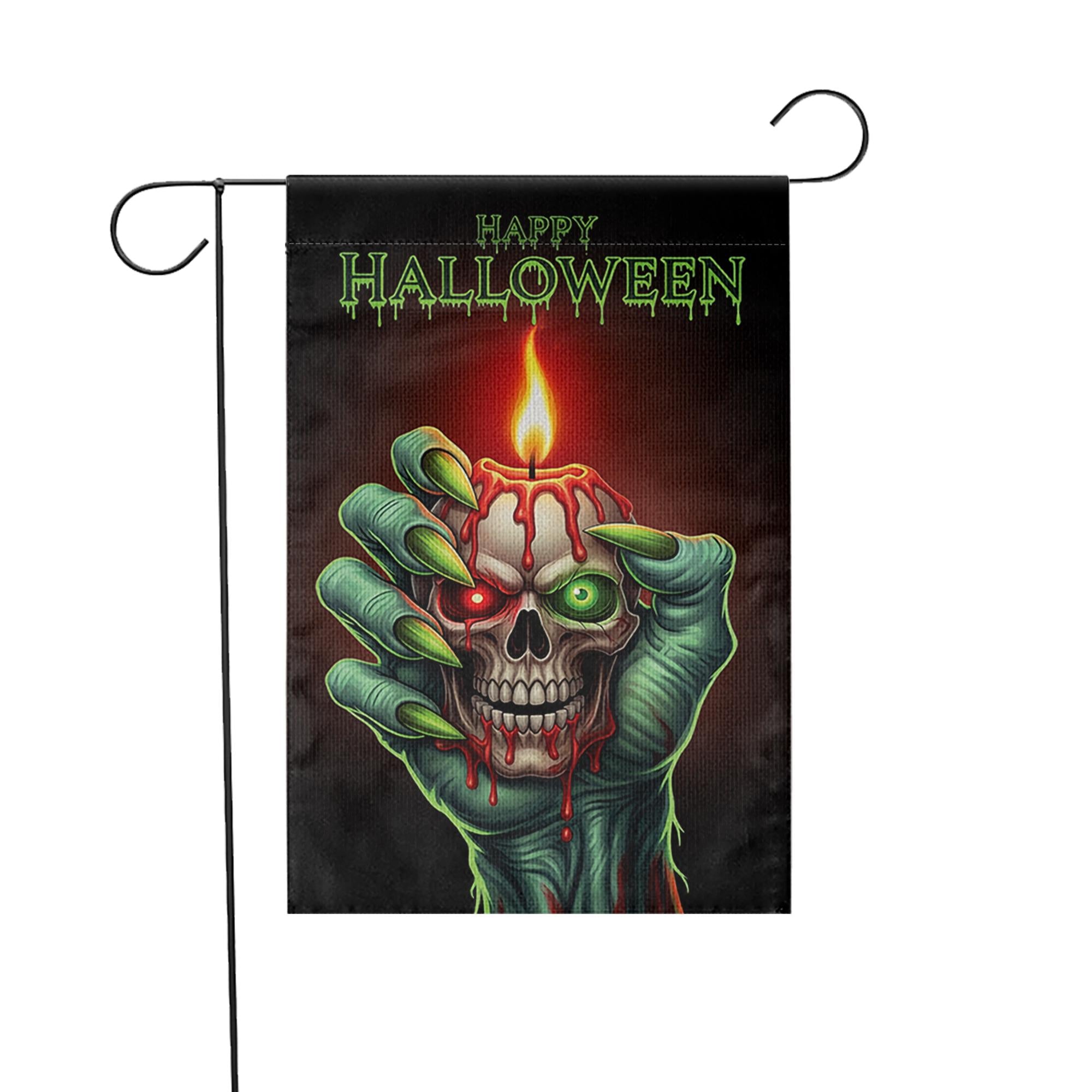 Spooky Skull Candle Garden Flag, Happy Halloween Zombie Hand Yard Decor, Gothic Outdoor Banner
