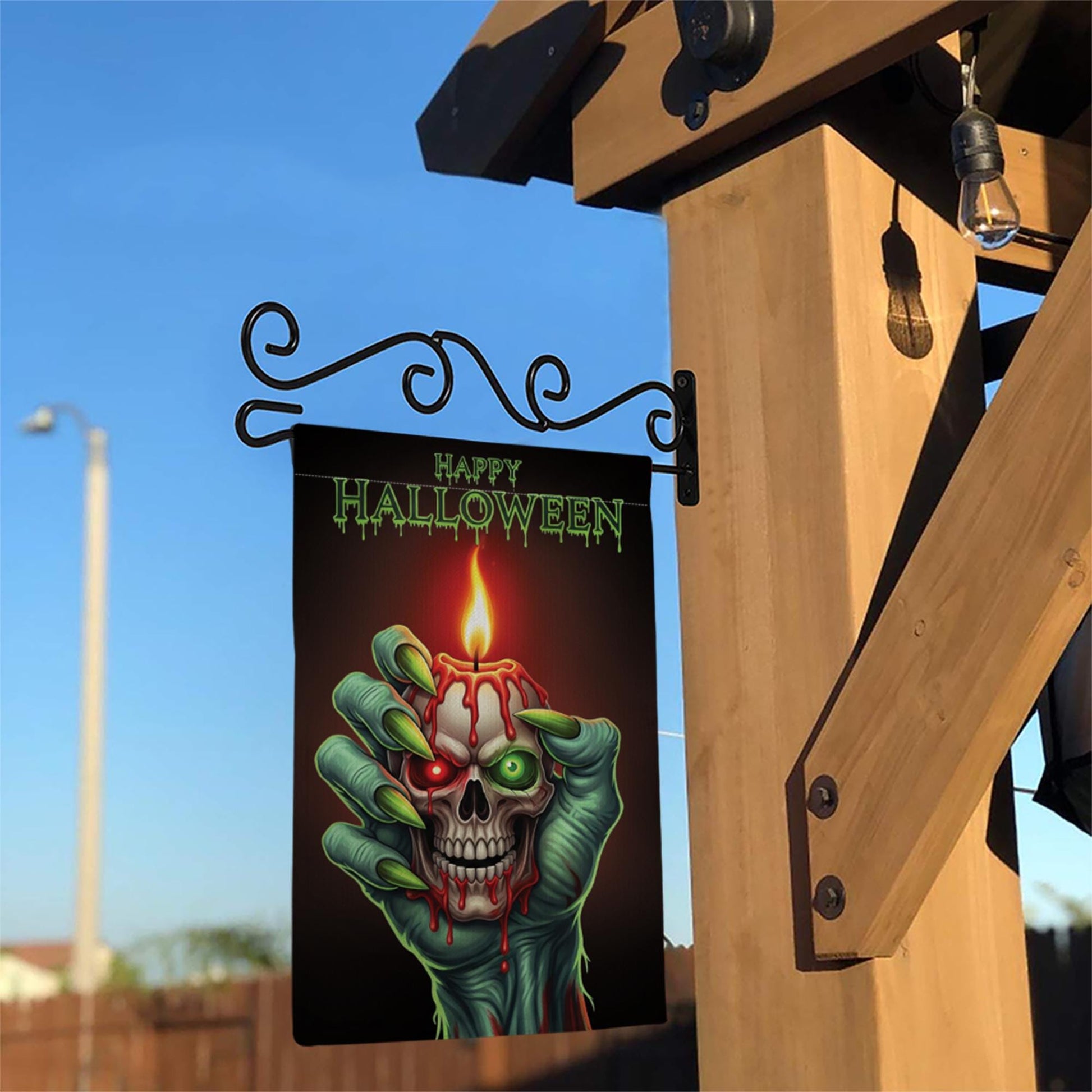 Spooky Skull Candle Garden Flag, Happy Halloween Zombie Hand Yard Decor, Gothic Outdoor Banner