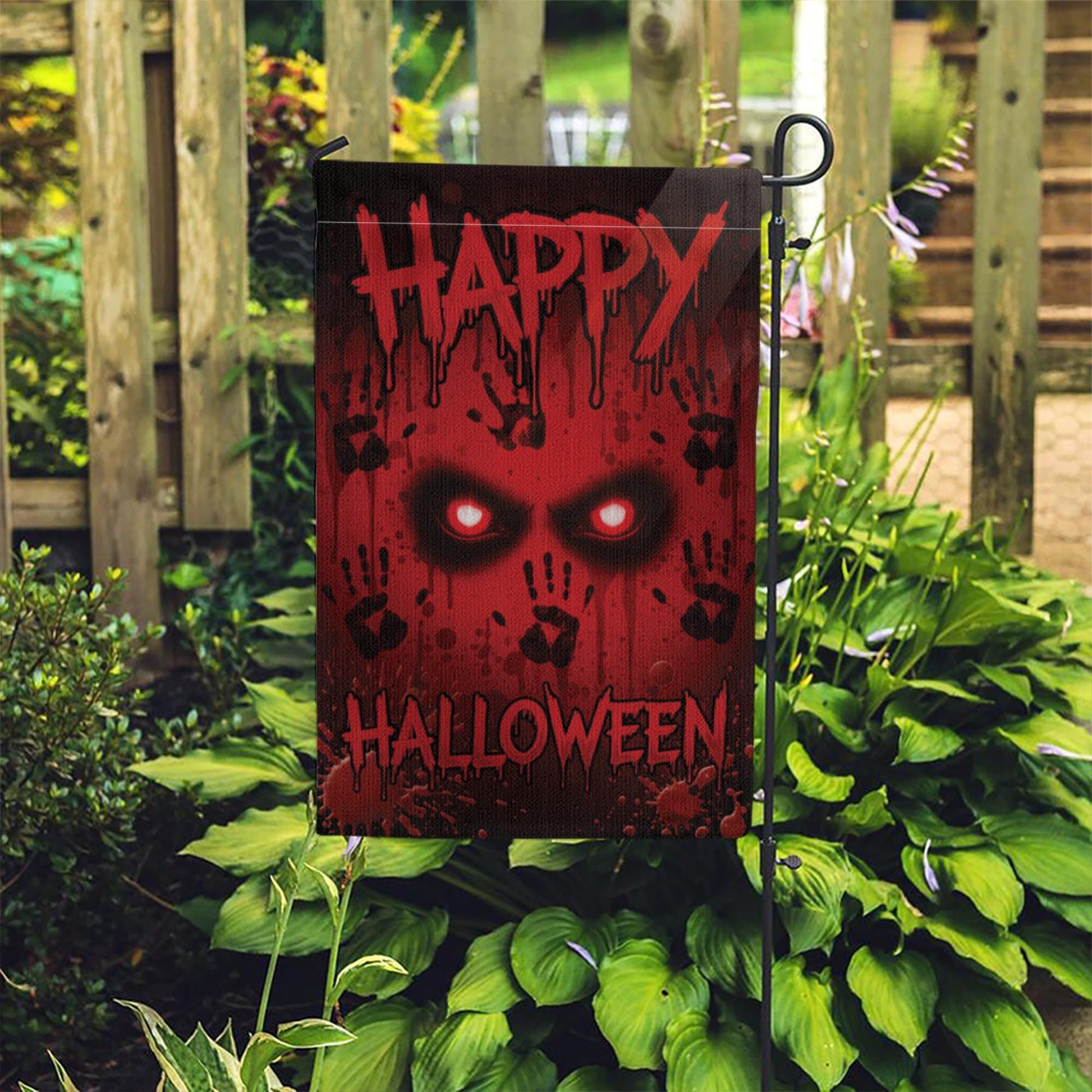 Bloody Eyes Halloween Garden Flag, Spooky Red Handprint Yard Decor, Happy Halloween Banner