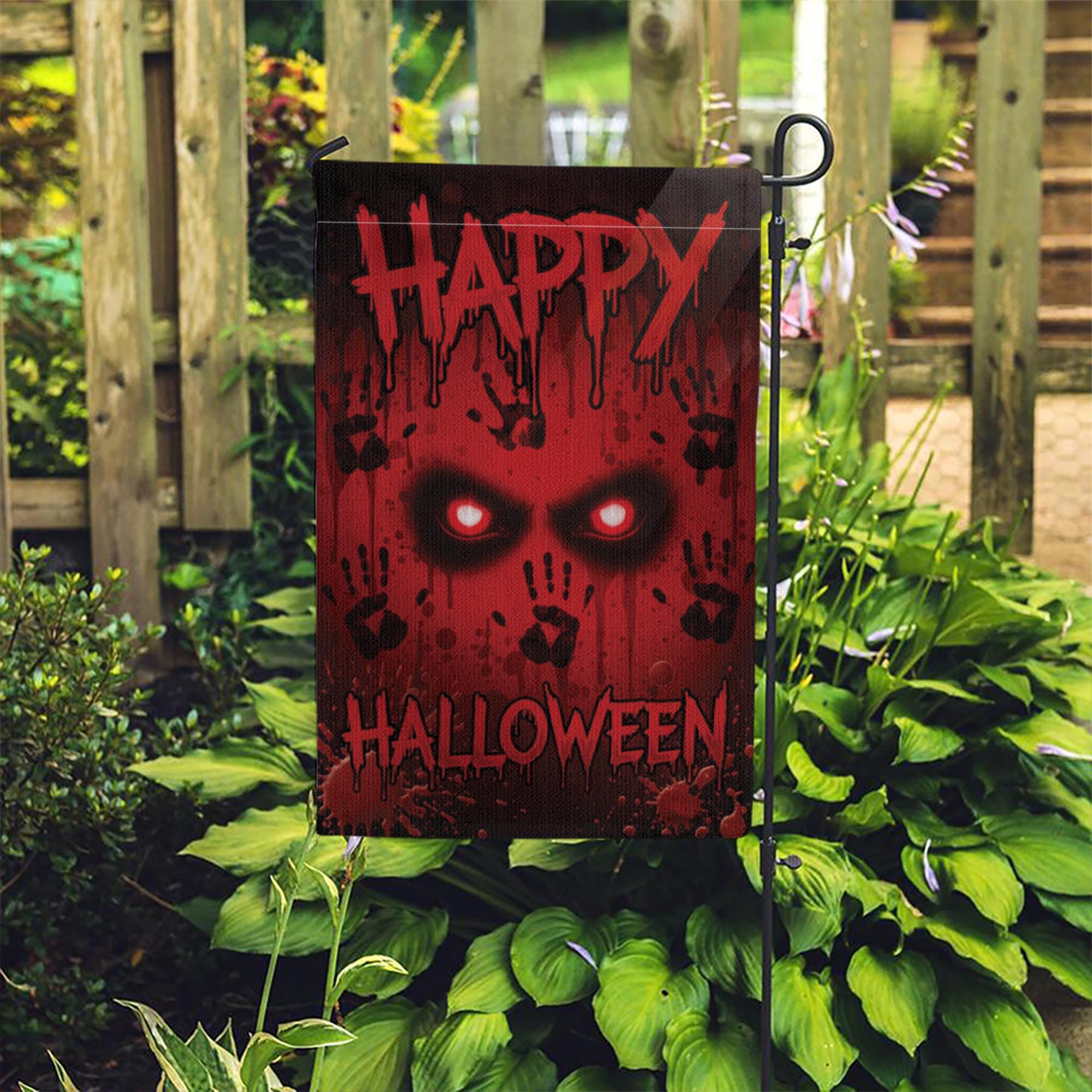 Bloody Eyes Halloween Garden Flag, Spooky Red Handprint Yard Decor, Happy Halloween Banner