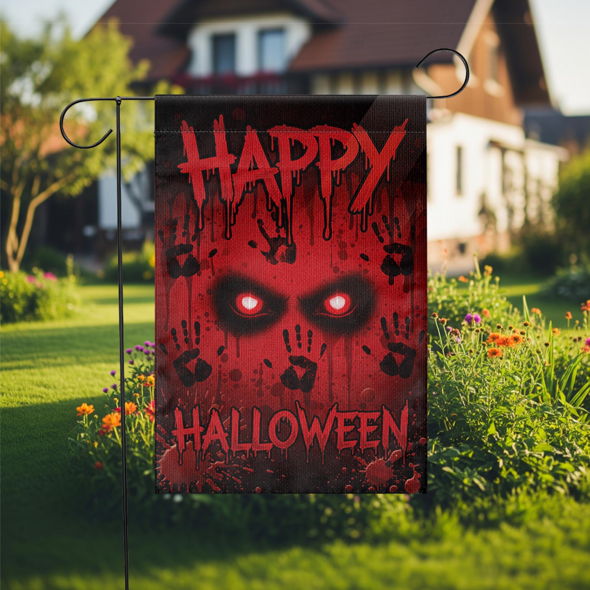Bloody Eyes Halloween Garden Flag, Spooky Red Handprint Yard Decor, Happy Halloween Banner