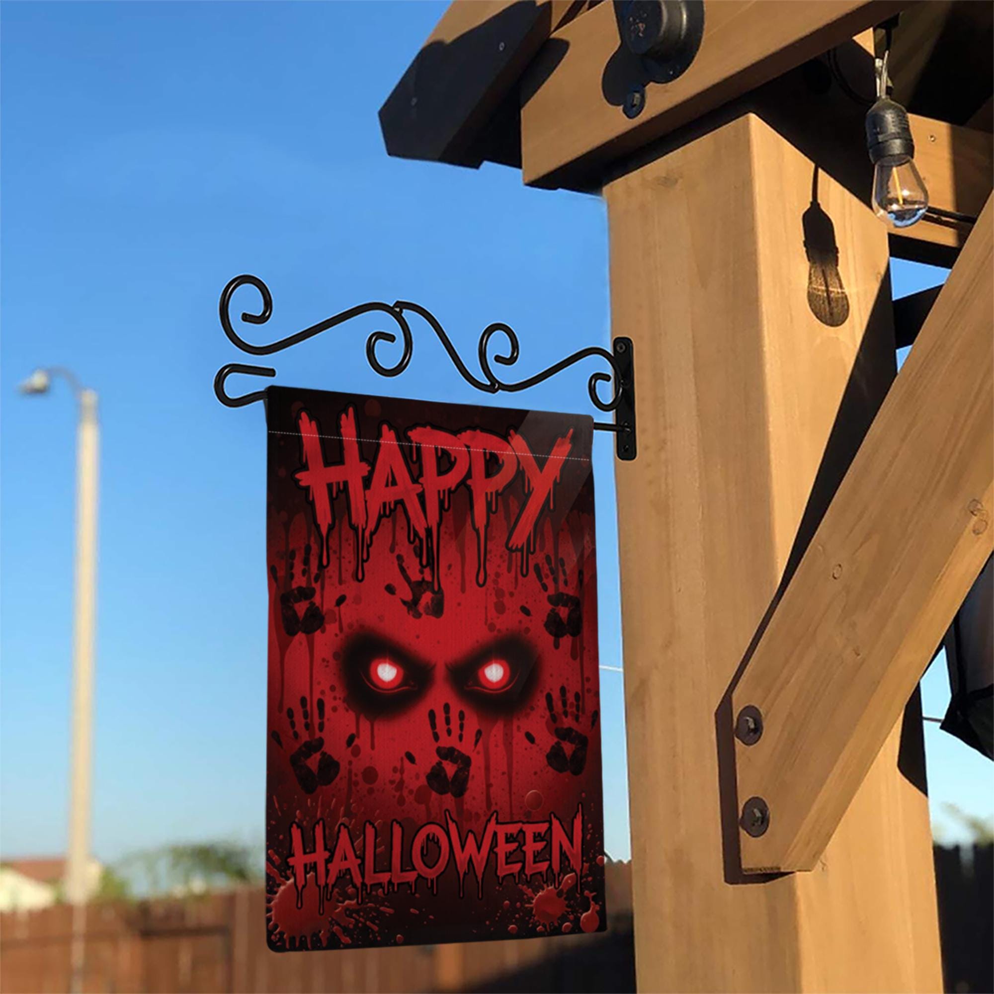Bloody Eyes Halloween Garden Flag, Spooky Red Handprint Yard Decor, Happy Halloween Banner