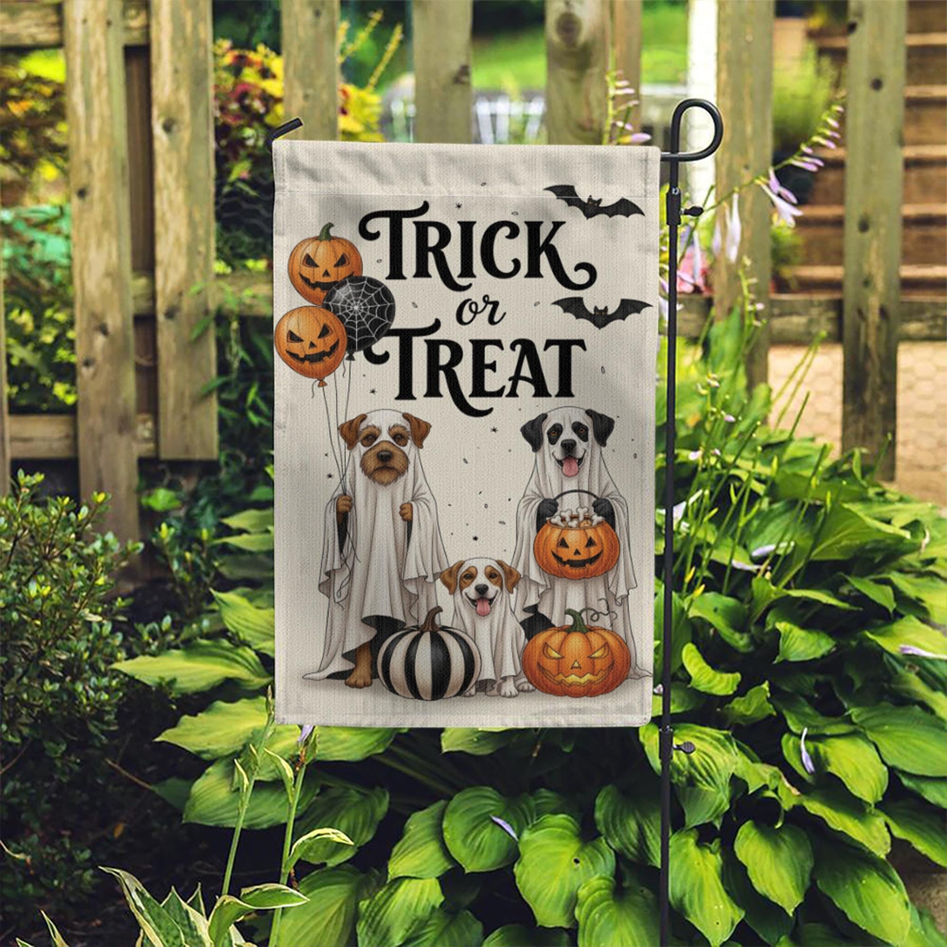 Trick or Treat Dog Garden Flag, Halloween Ghost Dogs Yard Decor, Spooky Pet Lover Banner
