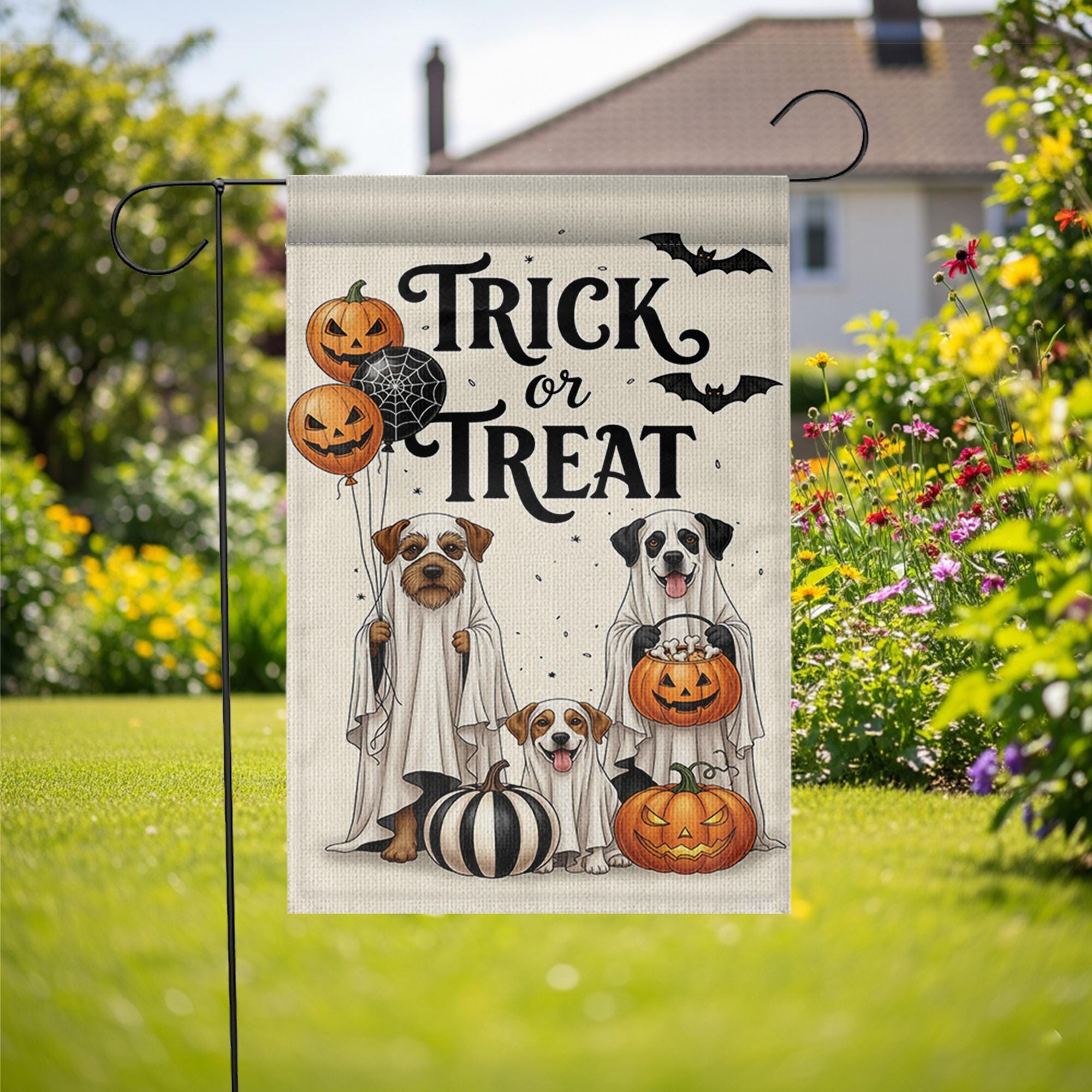 Trick or Treat Dog Garden Flag, Halloween Ghost Dogs Yard Decor, Spooky Pet Lover Banner