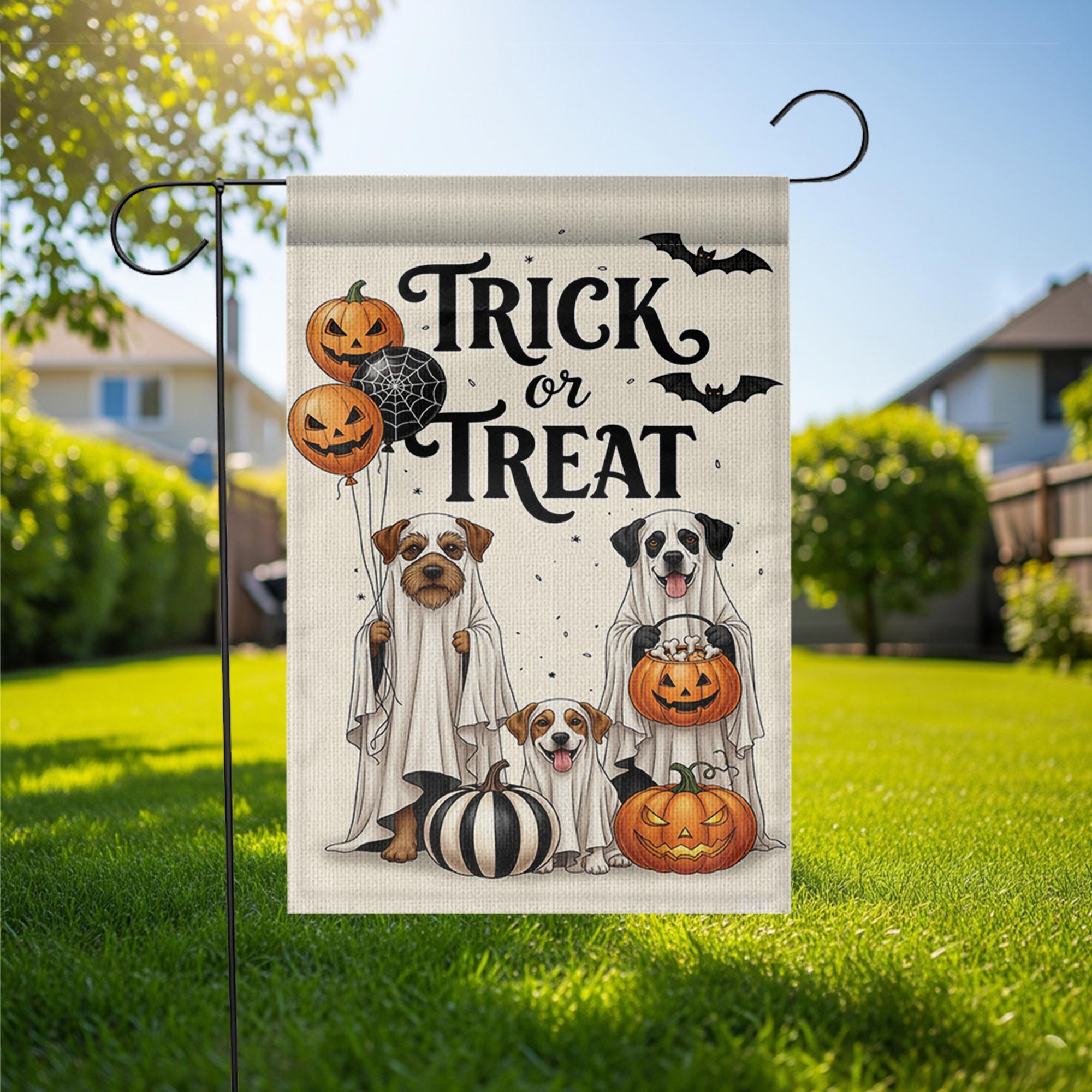 Trick or Treat Dog Garden Flag, Halloween Ghost Dogs Yard Decor, Spooky Pet Lover Banner