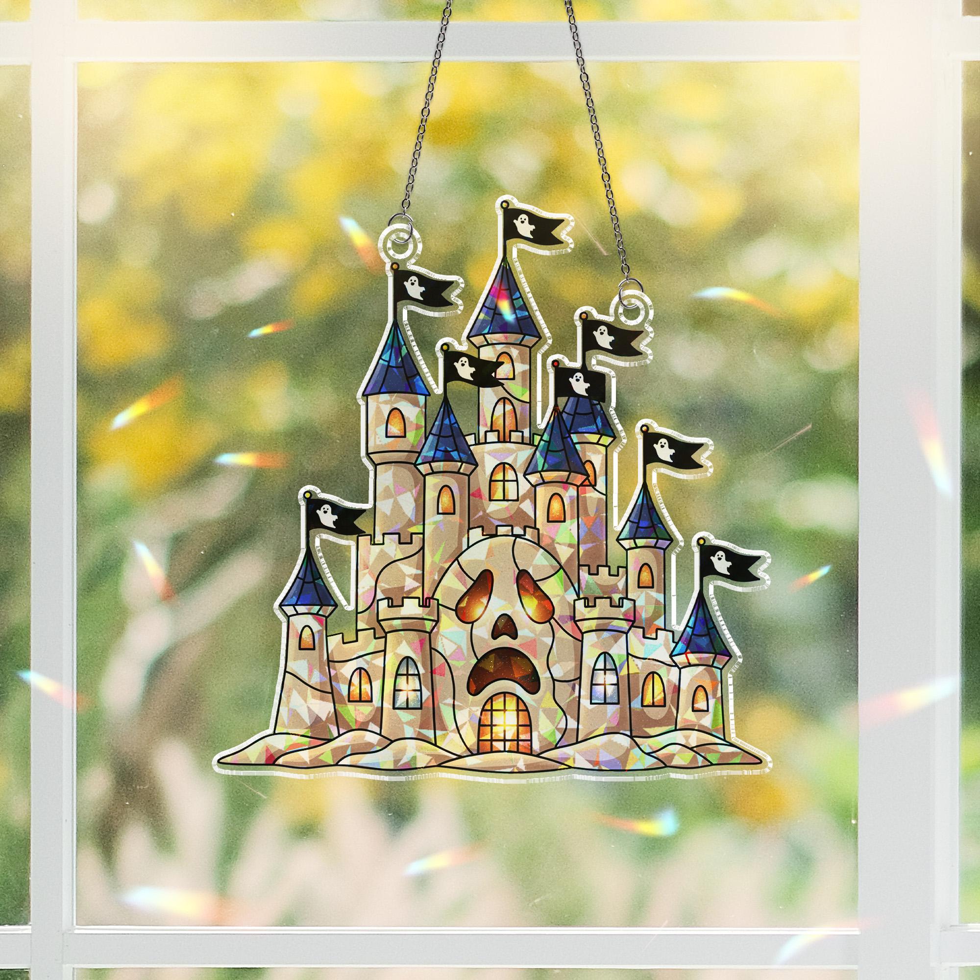 Haunted Castle Sun Catcher, Spooky Ghost Flag Window Decor, Halloween Stained Glass Style Prism