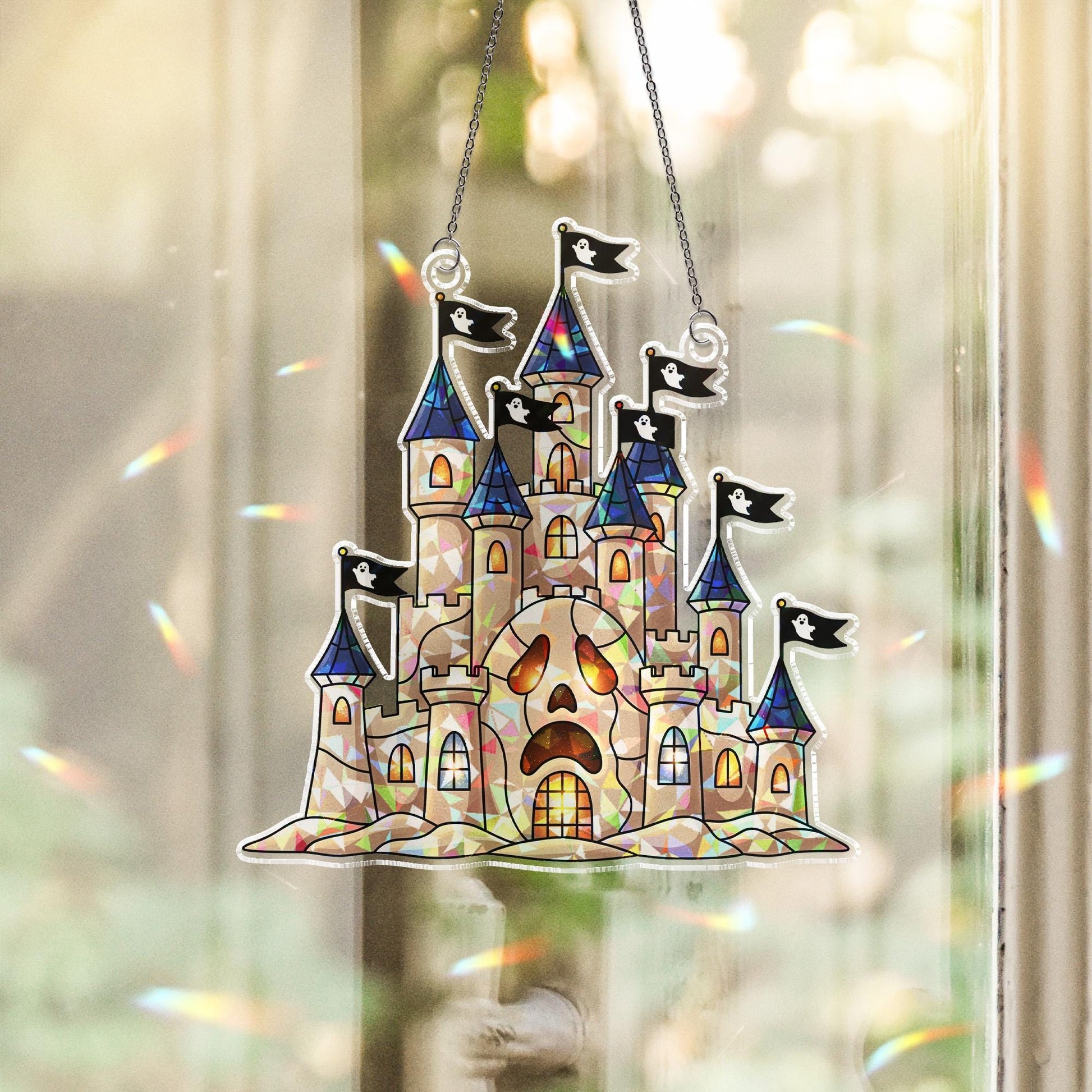 Haunted Castle Sun Catcher, Spooky Ghost Flag Window Decor, Halloween Stained Glass Style Prism