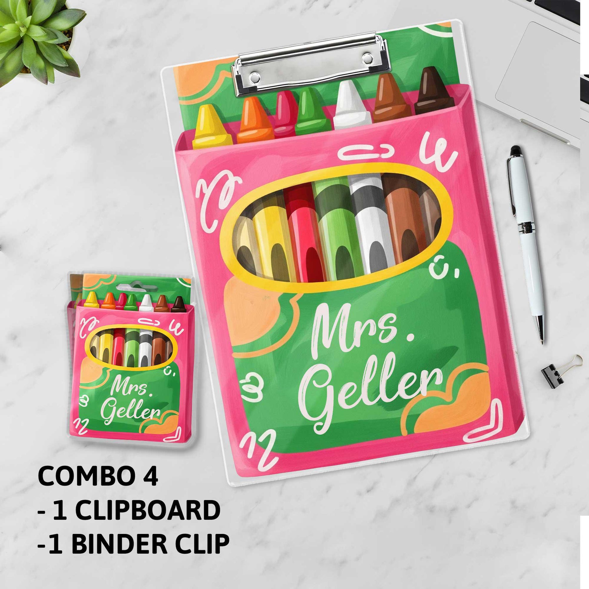 Personalized Teacher Clipboard and Badge Reel Set - Crayon Theme Back to School Gift for Art or Elementary Educator- Crayon Teacher Gift Set