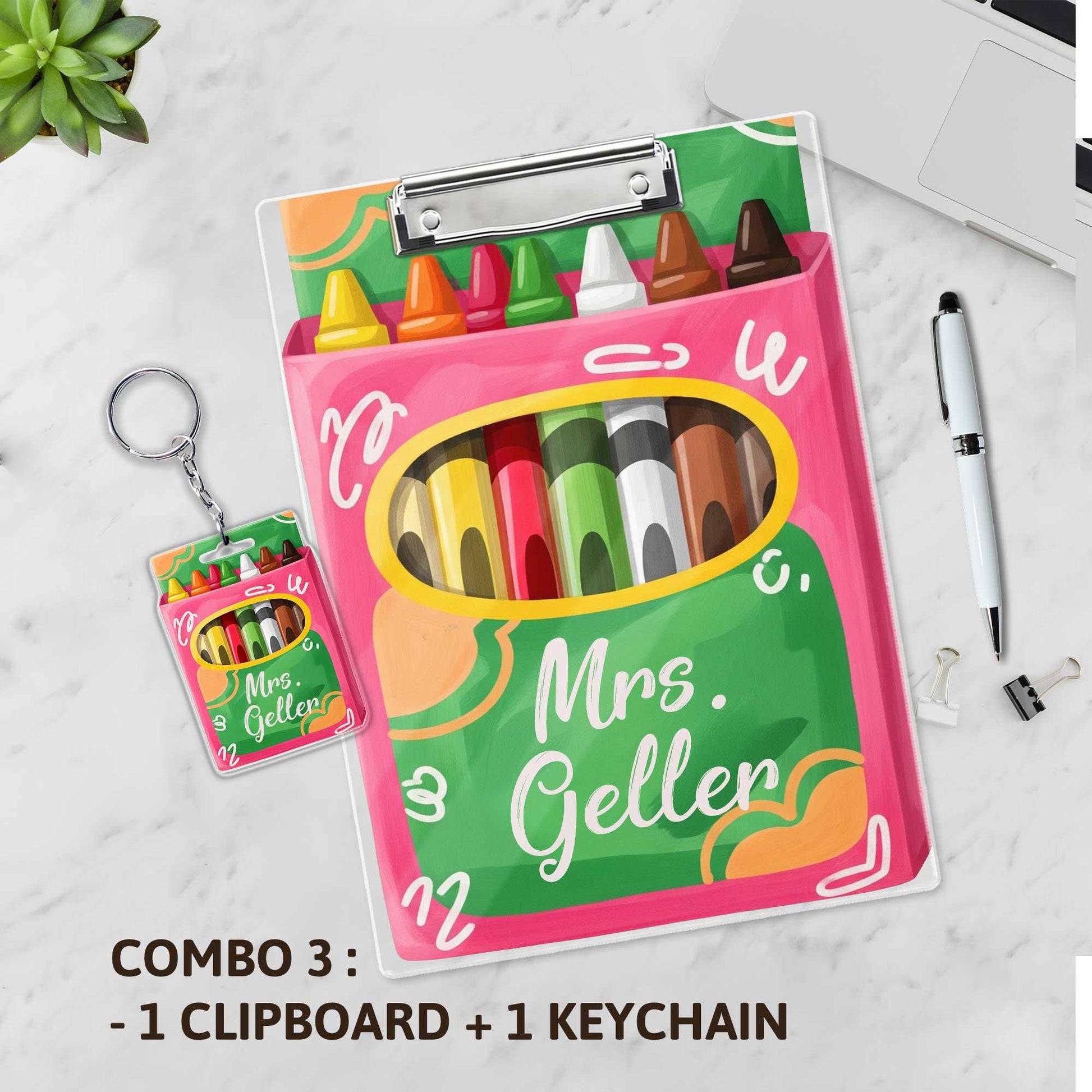Personalized Teacher Clipboard and Badge Reel Set - Crayon Theme Back to School Gift for Art or Elementary Educator- Crayon Teacher Gift Set