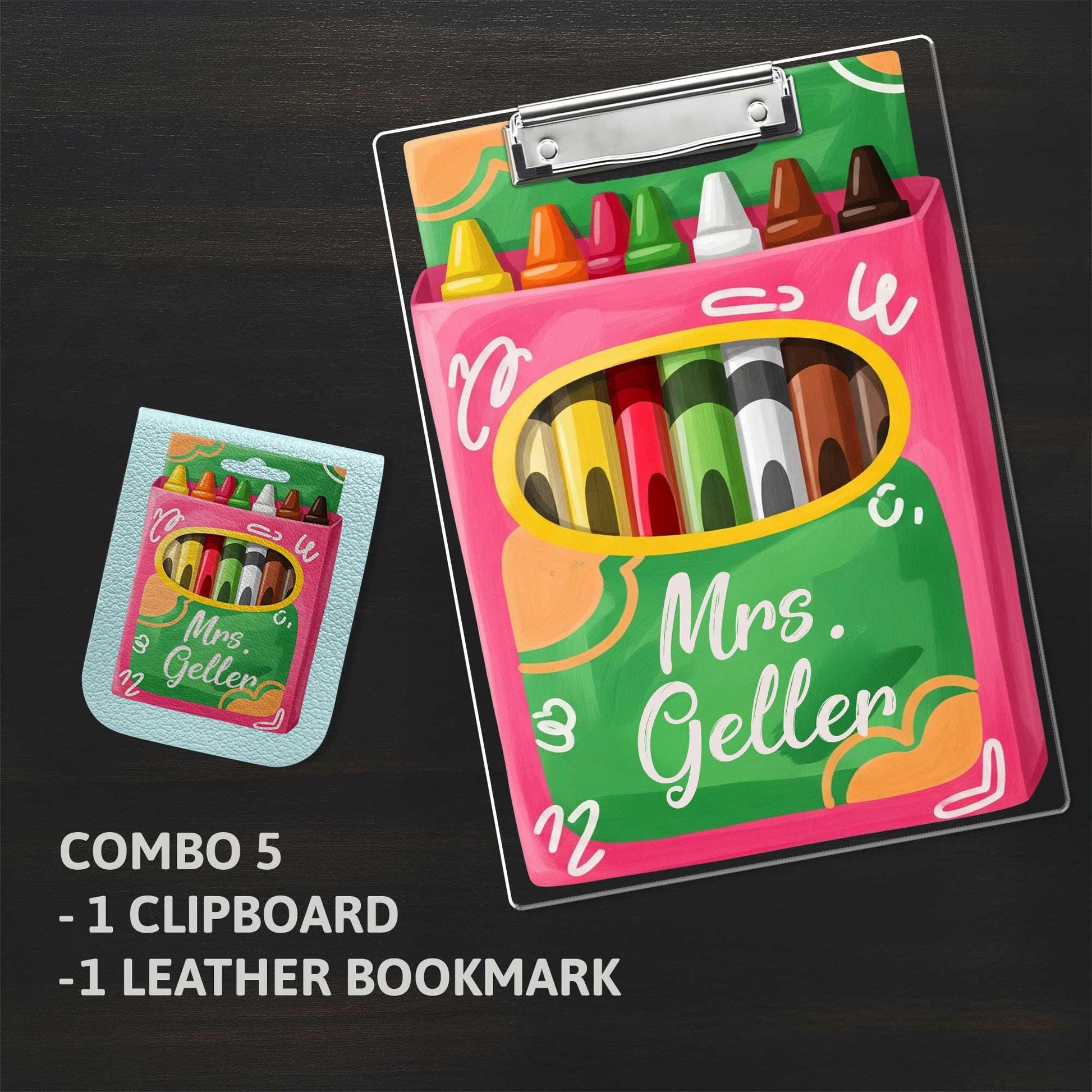 Personalized Teacher Clipboard and Badge Reel Set - Crayon Theme Back to School Gift for Art or Elementary Educator- Crayon Teacher Gift Set