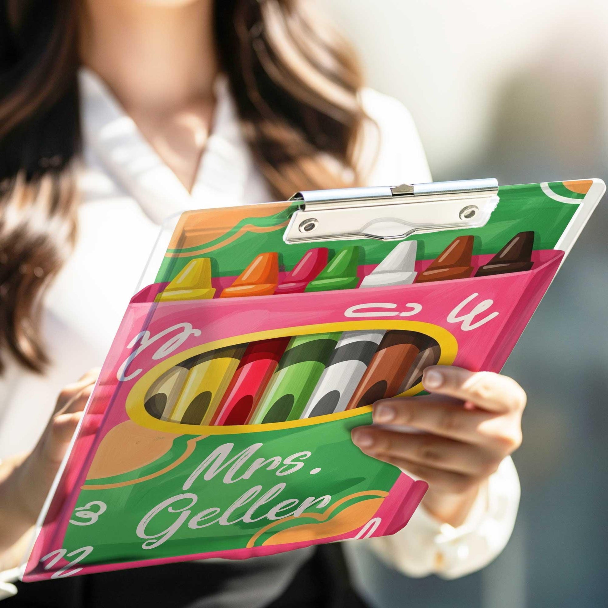 Personalized Teacher Clipboard and Badge Reel Set - Crayon Theme Back to School Gift for Art or Elementary Educator- Crayon Teacher Gift Set